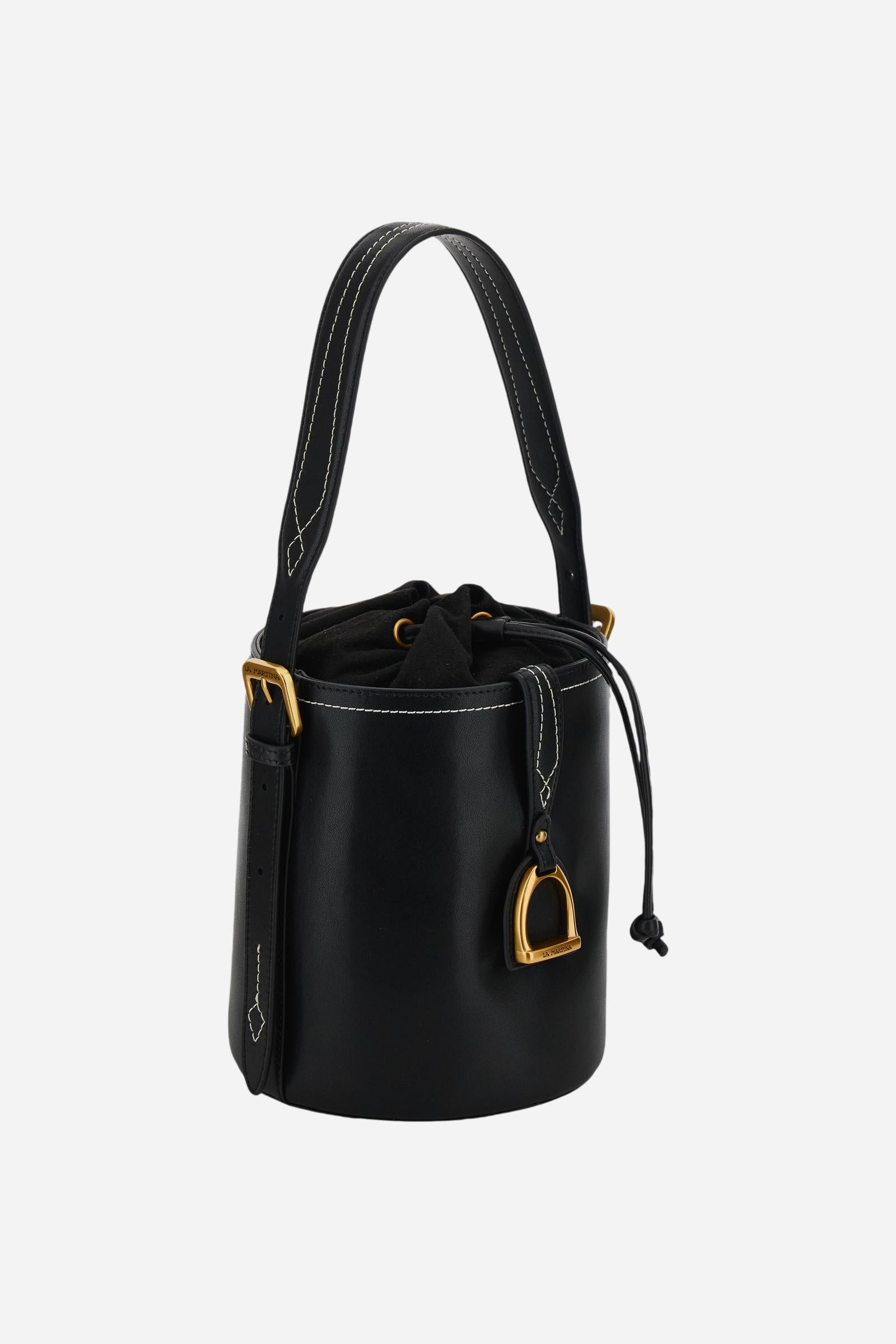 Structured bucket bag in soft calfskin with gold maxi logo buckle on the front, featuring a clean and refined design. - Black