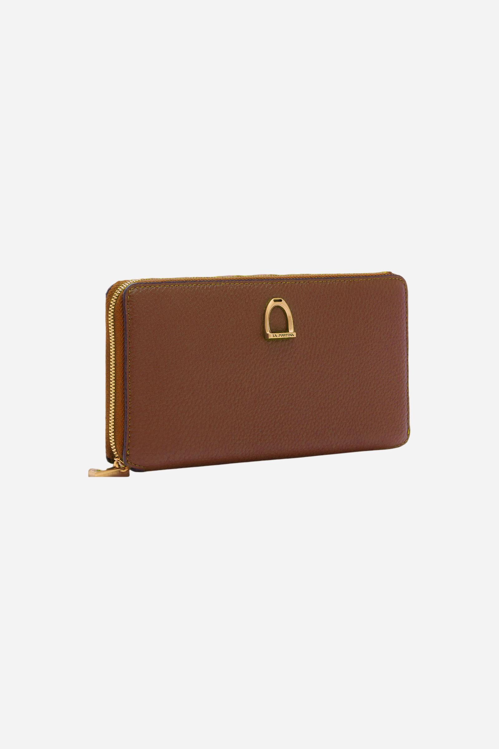 Rectangular zip-around wallet in soft, solid-colour full-grain leather. Features compartments for cards, bills, and coins. Elegant design meets everyday functio - COGNAC