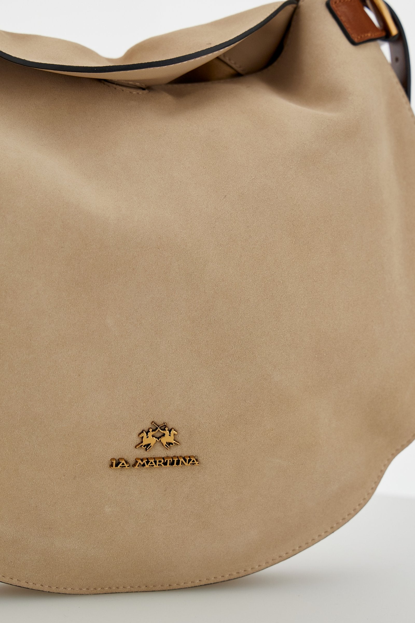 Medium hobo bag in suede and leather with short handle and adjustable strap, hidden magnetic closure and gold logo buckle. - Neutral/Cuoio