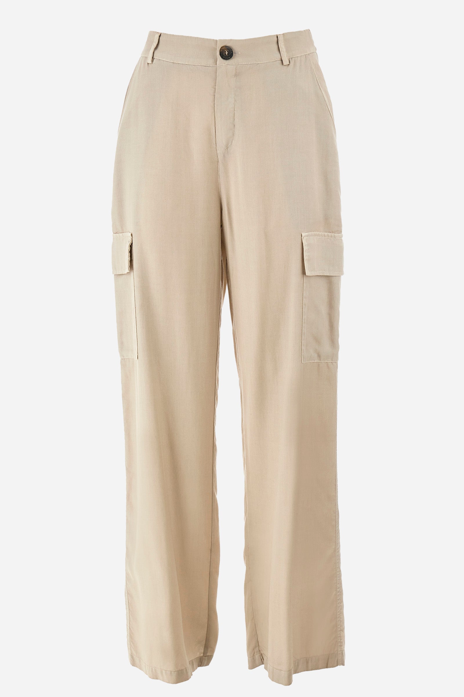 Single-colour women's cargo trousers, in an ecological fabric. With belt loops, zip and button fastening. There are two open front pockets, two cargo pockets and two further open pockets on the back. The logo is present on a patch sewn on the back and on a metal plate sewn on the front. The fit is regular. The model wears a size 40. - Tidal Foam