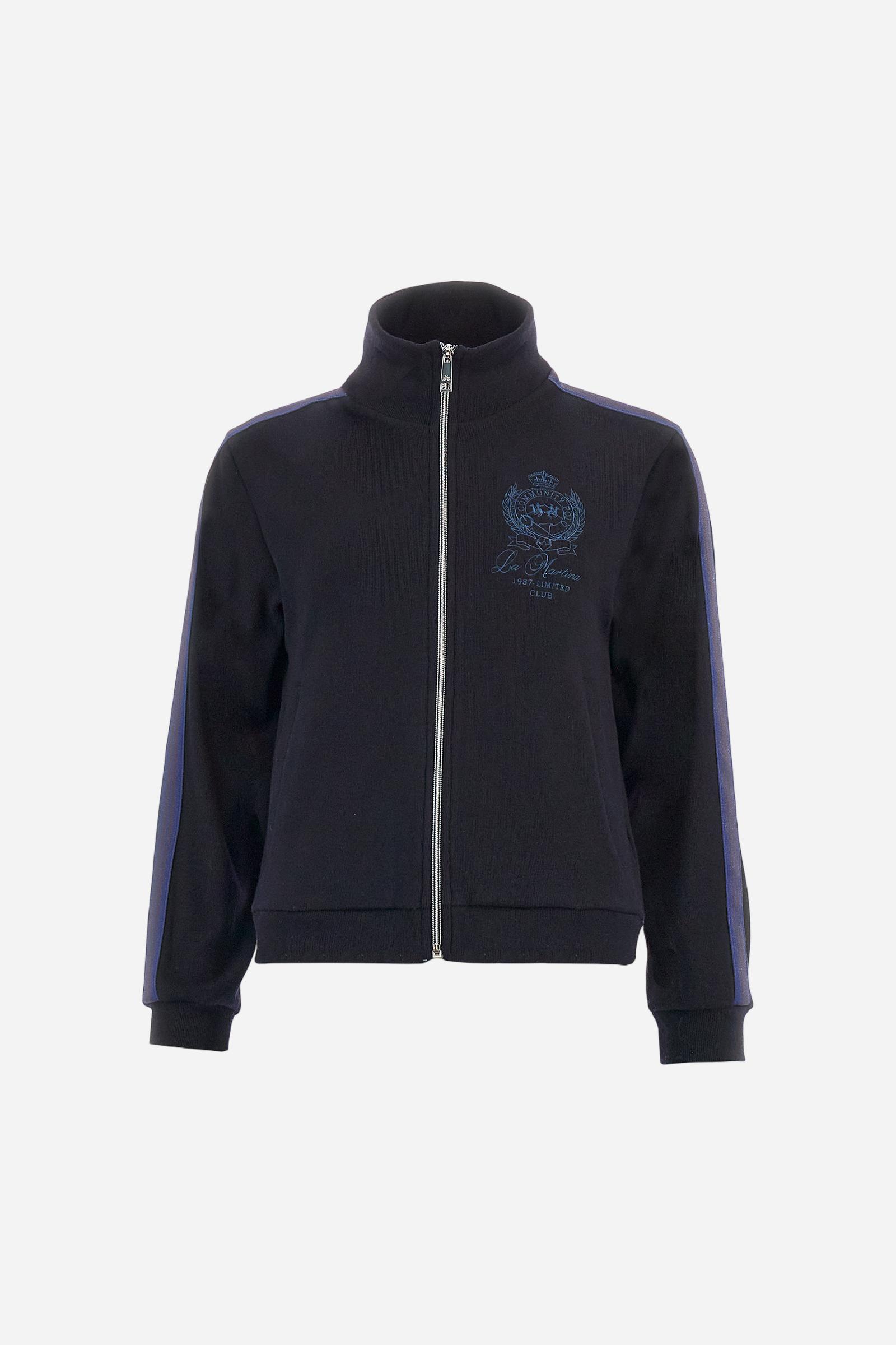 Women’s full-zip sweatshirt with long sleeves in soft interlock viscose blend, offering a luxurious feel on the skin. Straight cut with fluid line and sport-luxury details. Striped bands on the sleeves and heraldic embroidery on the chest add a contemporary touch. The model wears size 2. - Navy