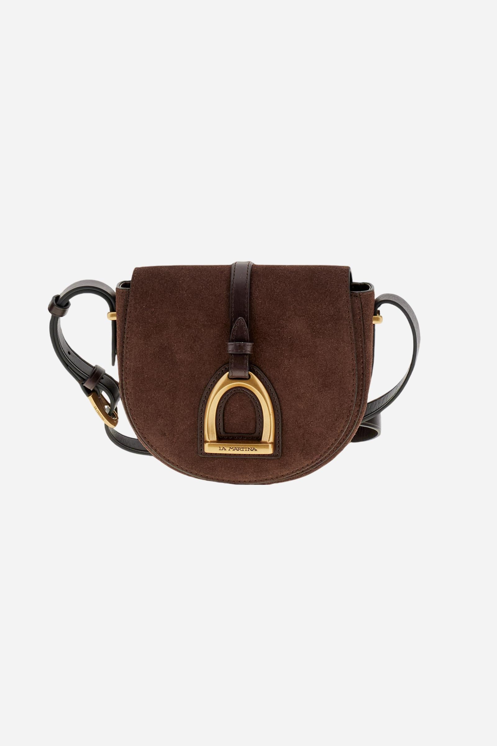 Curved-design suede crossbody bag with front flap. Enhanced with a large gold-tone metal buckle and contrasting leather details. - D.BROWN/D.CHOCOLATE