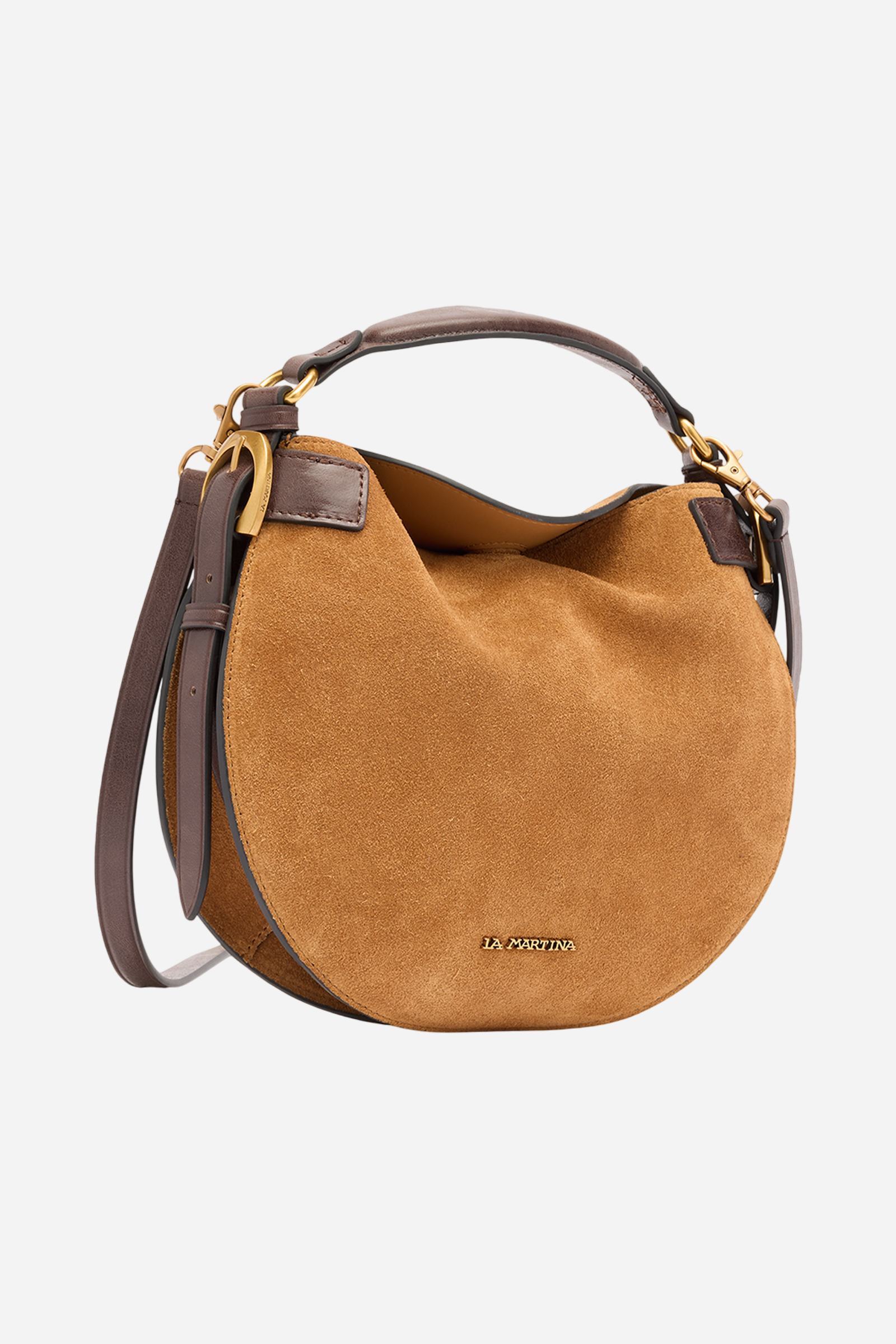 Large suede crescent bag with contrasting leather handles and strap. Features La Martina metal logo on the front. - HONEY/DARK CHOCOLATE