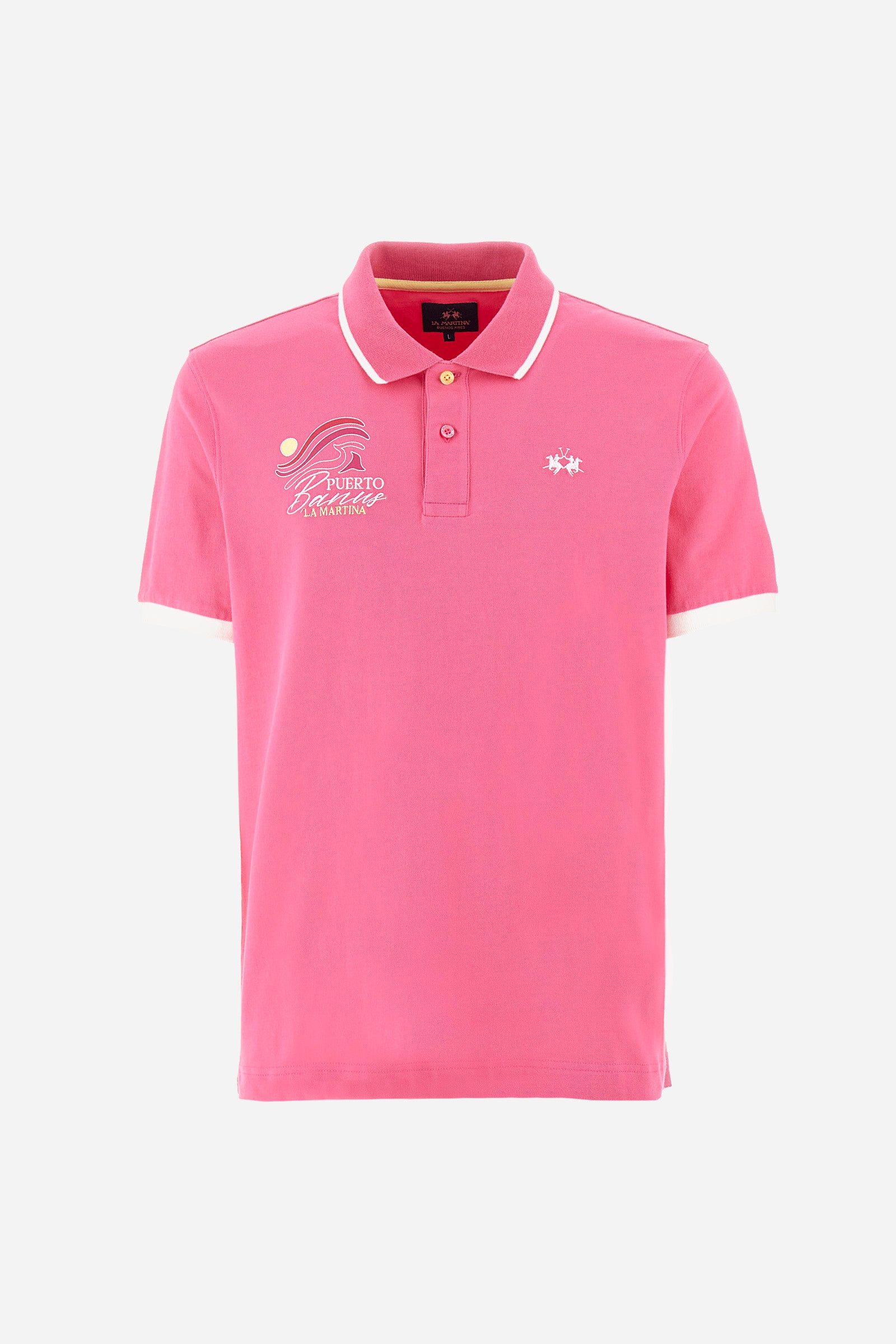 Men's short-sleeved single-colour polo shirt in elasticated cotton. Two-button fastening. With a profiled and ribbed collar and armholes. On the chest we find stylised waves with lettering. The back of the collar features the "La Martina" lettering. The logo is embroidered on the front. The fit is regular. The model wears a size L. - Hot Pink