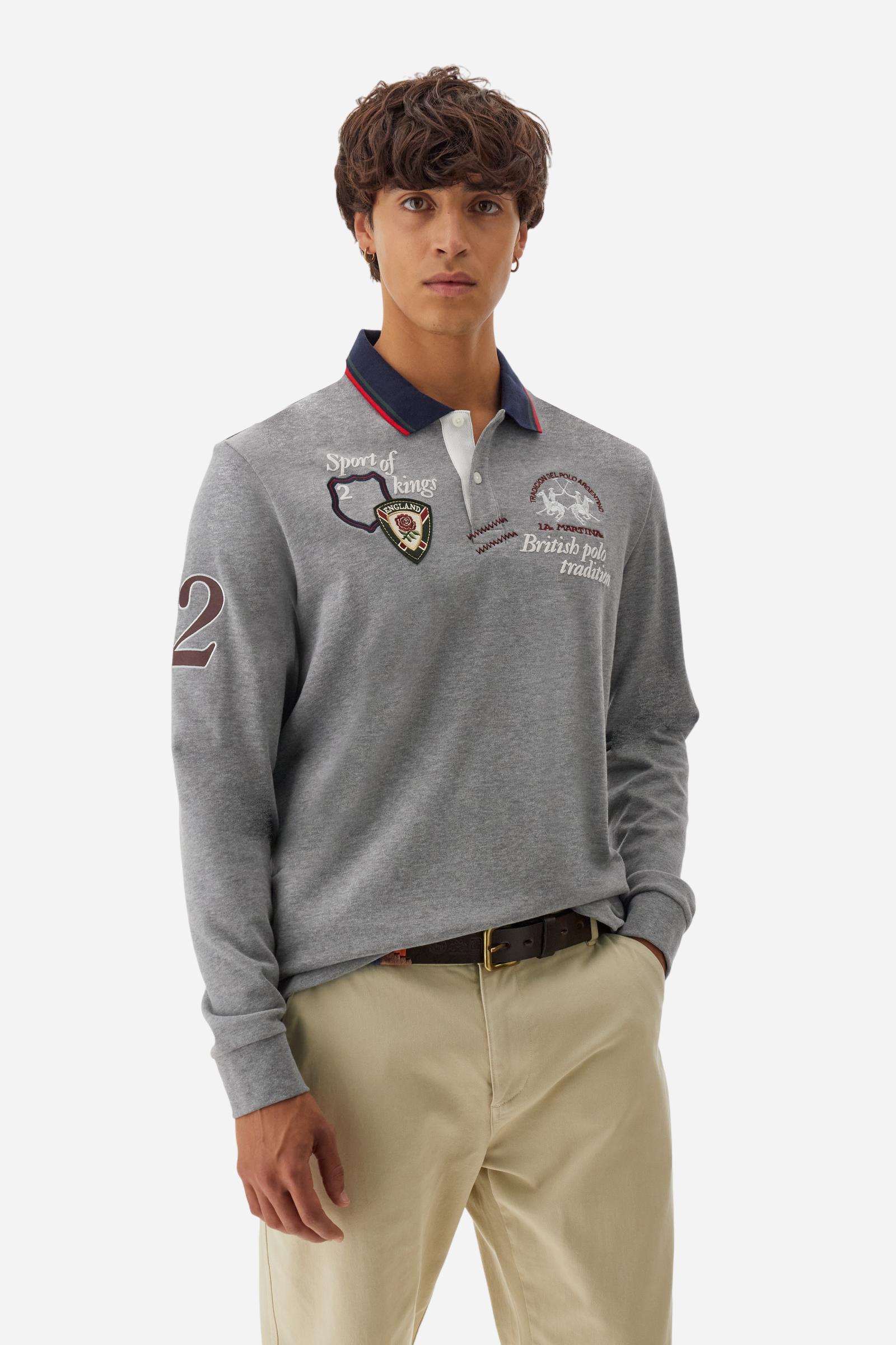 Long-sleeve polo shirt in warm cotton jersey. Ribbed collar and cuffs with contrasting stripes, and multicolor regimental fabric detail on the inner collar. Colorful applications and embroideries inspired by British polo and the royal team give this piece an iconic identity. Regular fit for a timeless and versatile style. Model wears size L. - Medium Heather Grey