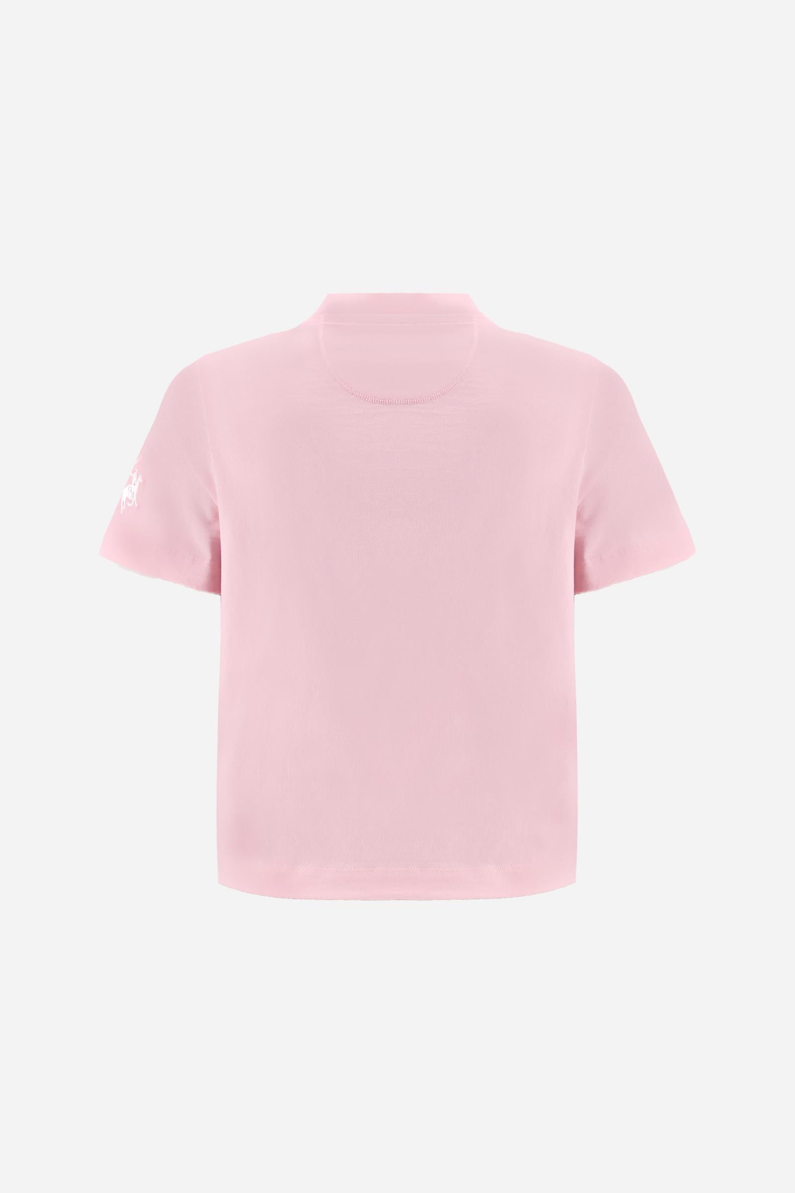 Women’s cotton jersey T-shirt with boxy fit and ribbed collar. Maxi embroidered logo on the sleeve. - FairTale