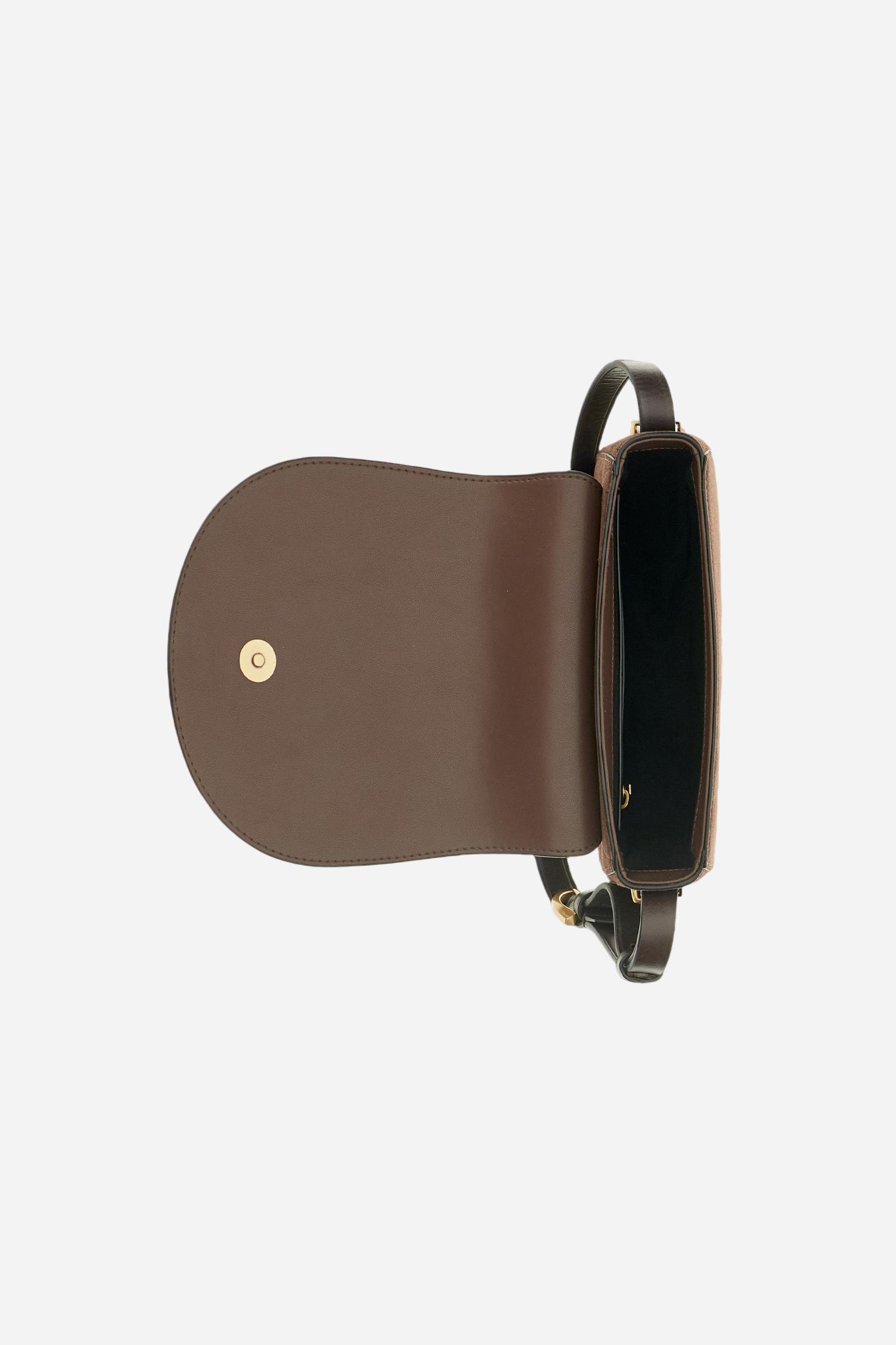 Curved-design suede crossbody bag with front flap. Enhanced with a large gold-tone metal buckle and contrasting leather details. - D.BROWN/D.CHOCOLATE