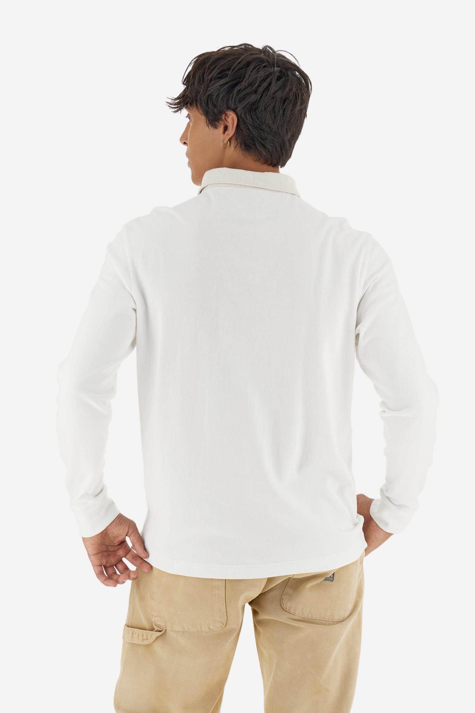 Long-sleeve polo shirt in soft, warm cotton jersey for all-day comfort. The contrasting gabardine collar adds a sophisticated touch to the clean design, while the ribbed cuffs in matching tone complete the look. On the chest, oversized colorful graphics celebrate Italy, Argentina, and England. A small embroidered logo in contrast sits below the placket. Regular fit for a relaxed silhouette that suits every body type. Model wears size L. - Off White