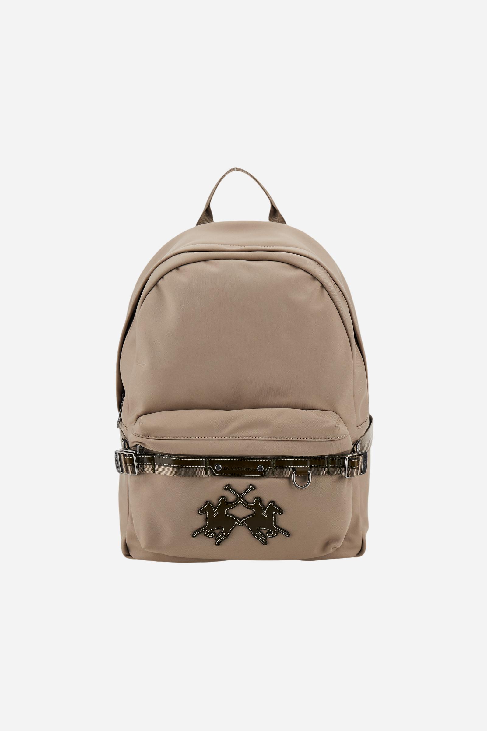Backpack in matte technical canvas with eco-leather contrast details and applied maxi logo, modern and minimal design. - Gaucho / Olive
