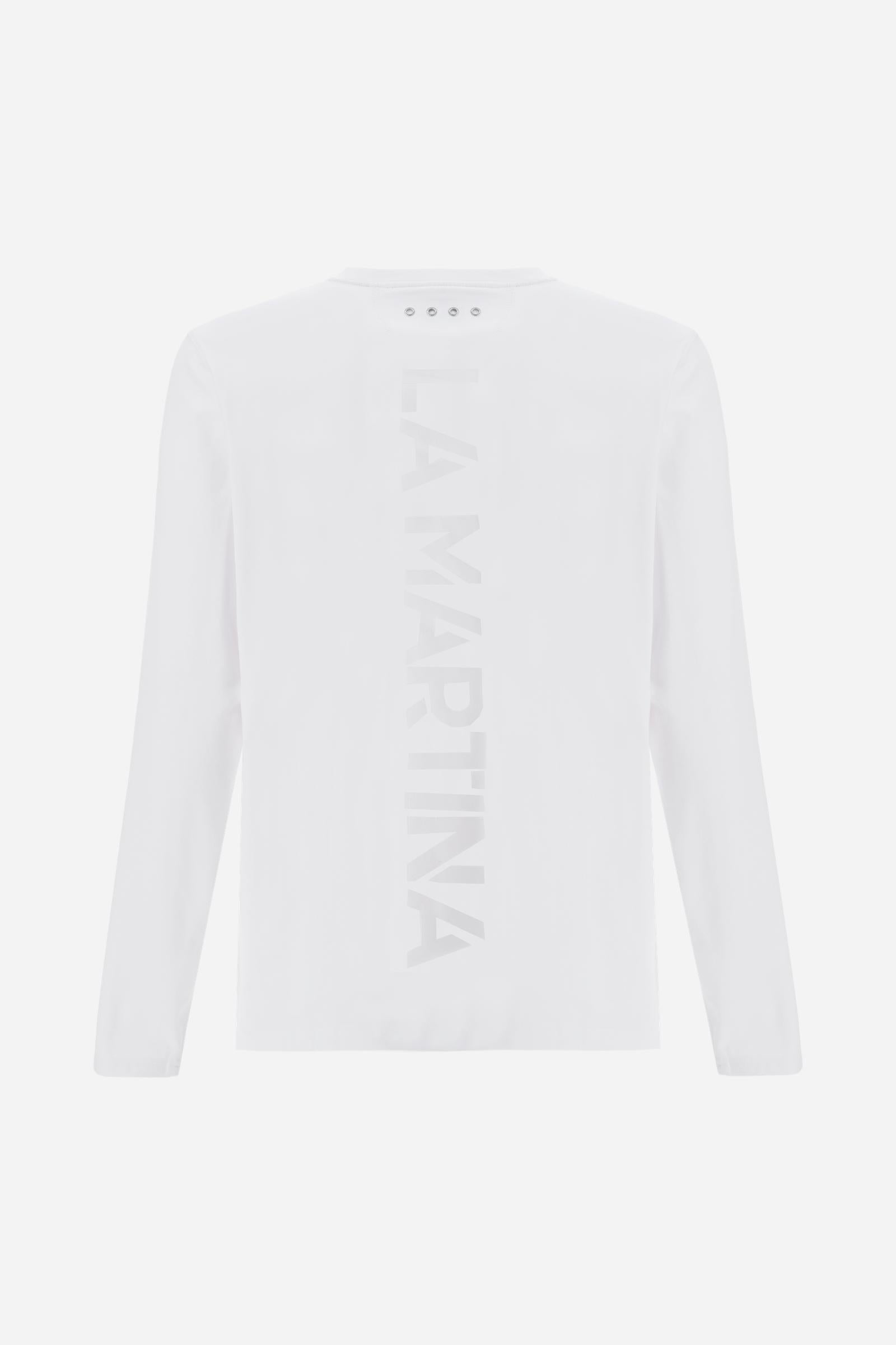 Crew-neck long-sleeve T-shirt made of 100% high-quality cotton jersey. The smooth, fluid fabric has a technical look that ensures comfort and style. A small translucent transfer logo is applied on the chest, while two Asociacion Argentina de Polo (AAP) transfers decorate the right sleeve. The large vertical translucent print on the back is a signature detail of the brand. Regular fit with clean lines and refined finishes for a simple yet distinctive piece. Model wears size L. - Optic White