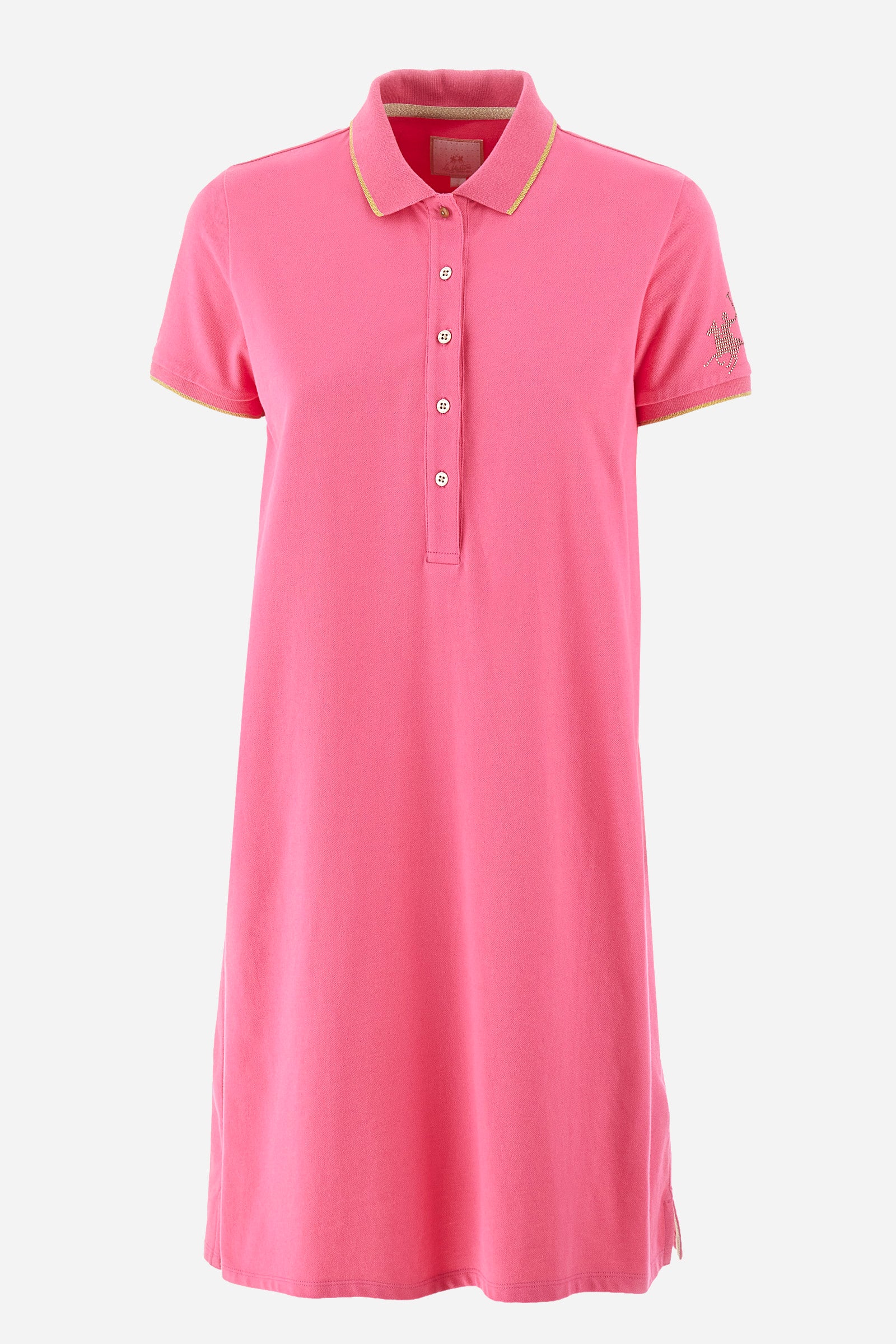 Single-colour short-sleeved dress made of elasticated cotton. Soft, straight cut silhouette, above-the-knee length. With a profiled and ribbed collar and armholes. Collar with contrasting rhinestone writing. With button fastening. The "La Martina" lettering can be found under the collar. A rhinestone logo is applied on one of the sleeves. The fit is regular. The model wears a size 2. - Hot Pink