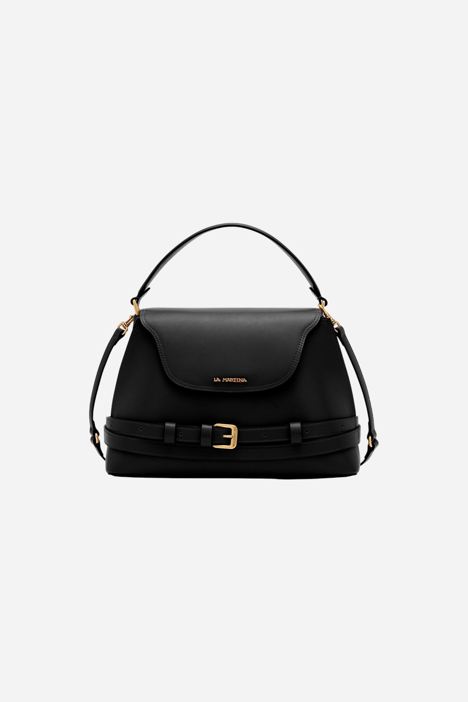 Calfskin leather tote bag with trapeze shape and flap closure. Elegant and modern design with rigid handle and removable strap. - Black