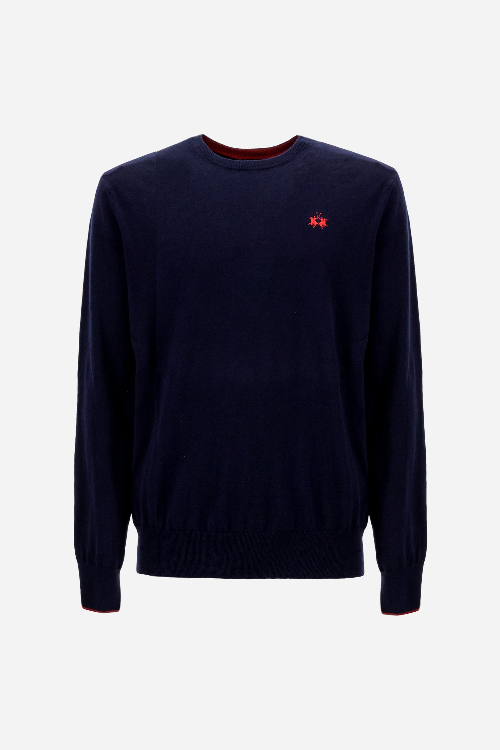 Crewneck sweater in lightweight 100% cotton with a regular fit. Ribbed collar, cuffs and hem. Contrast details inside the neckline, echoed on the cuffs, and embroidered logo on the chest. - Navy