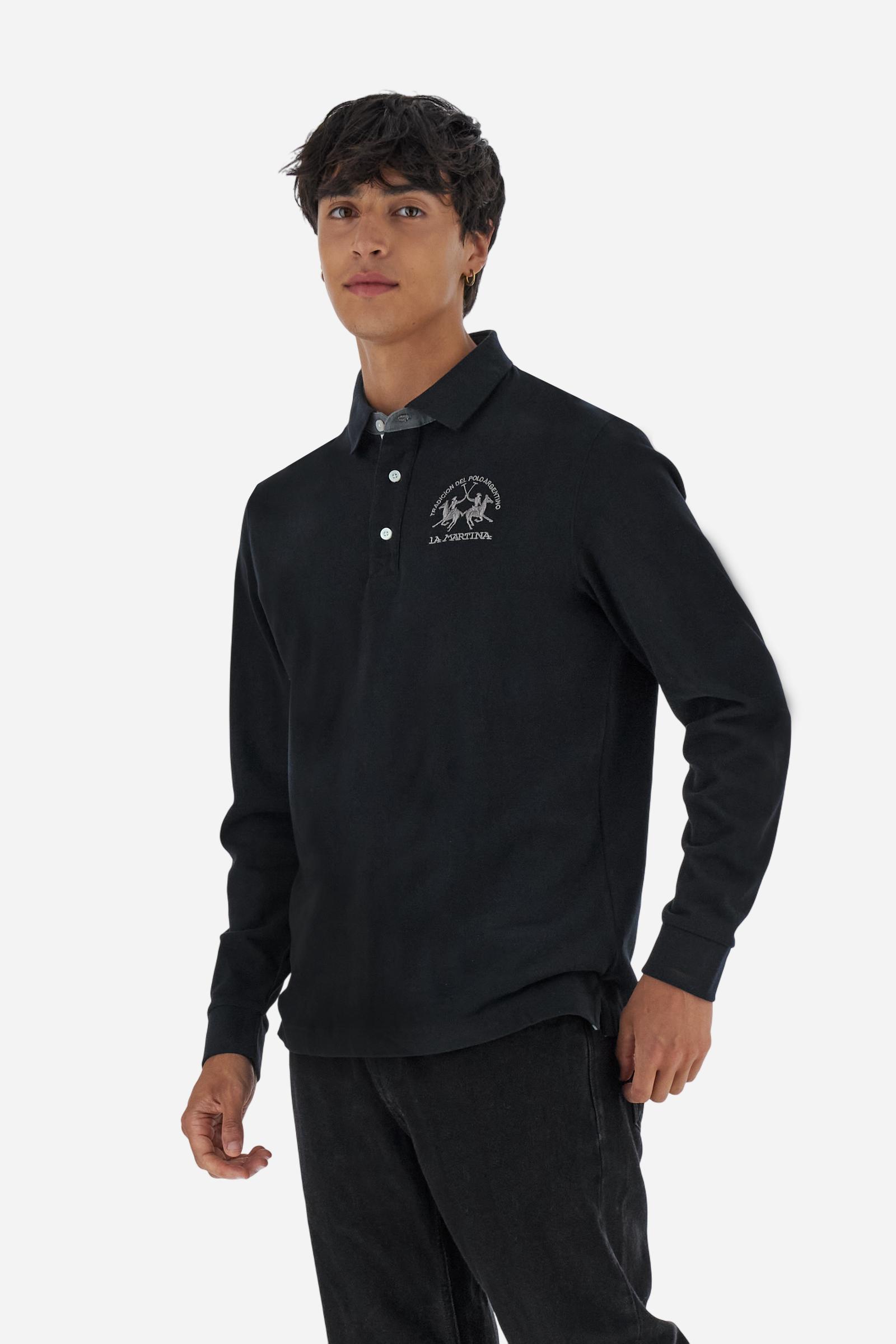Men’s long-sleeve polo in premium soft-touch cotton jersey for a luxurious feel on the skin. Contrast gabardine details on the collar. Upper collar in tone-on-tone ribbing with printed La Martina lettering undercollar. Three customized buttons, enhanced by a multicolor striped tape on the placket. Contrast embroidered team logo on the chest. Regular fit. Model wears size L. - Black