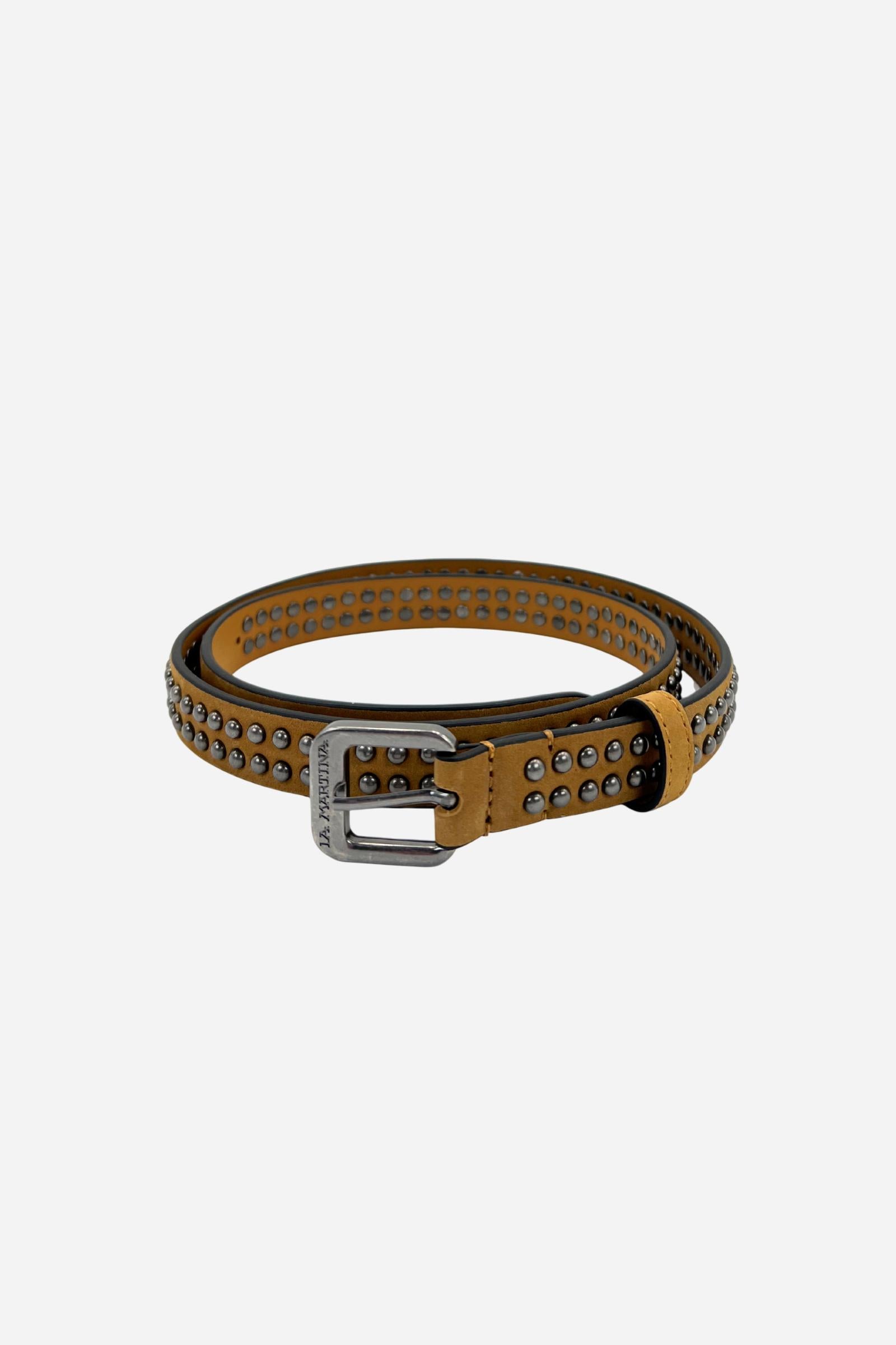 Women’s 4 cm nubuck belt with pebbled texture, double row of burnished metal studs, and a bold vintage-finish square buckle with engraved logo. - Bran