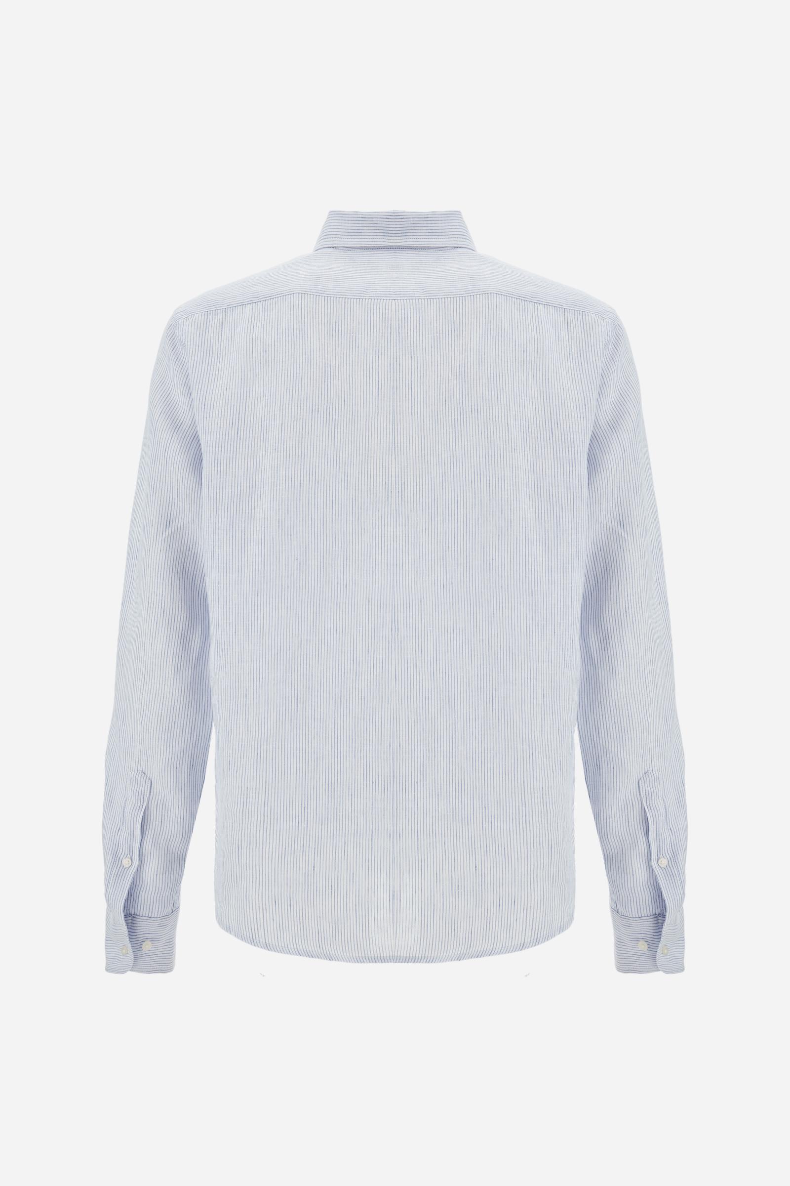 Shirt in 100% linen with vertical micro stripes and natural slub texture. Regular fit that follows the body. Embroidered logo on the chest and signature details on the placket. - OptWhitePrincessBlue