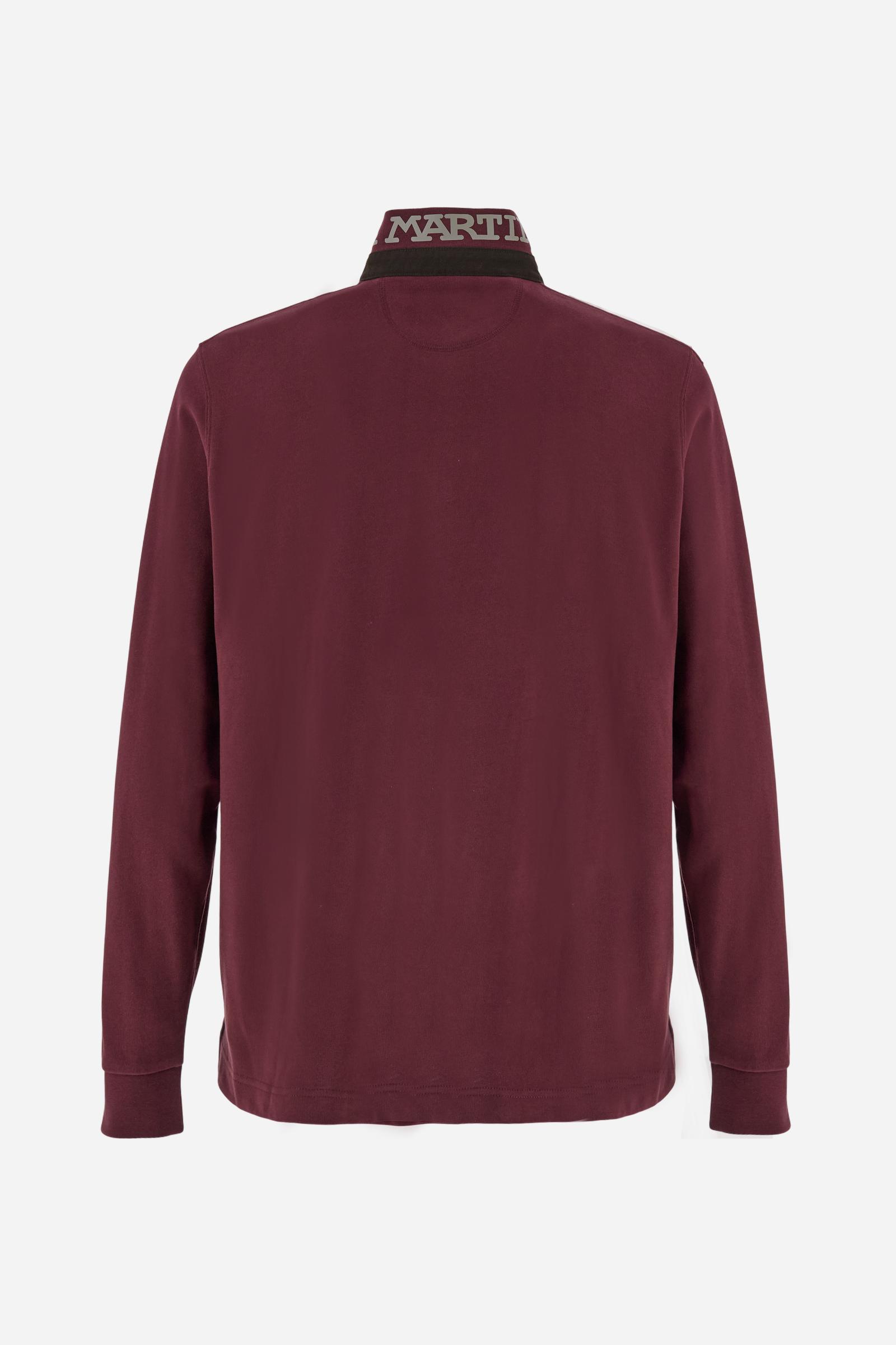 Men’s long-sleeve polo in premium soft-touch cotton jersey for a luxurious feel on the skin. Contrast gabardine details on the collar. Upper collar in tone-on-tone ribbing with printed La Martina lettering undercollar. Three customized buttons, enhanced by a multicolor striped tape on the placket. Contrast embroidered team logo on the chest. Regular fit. Model wears size L. - Port Royale