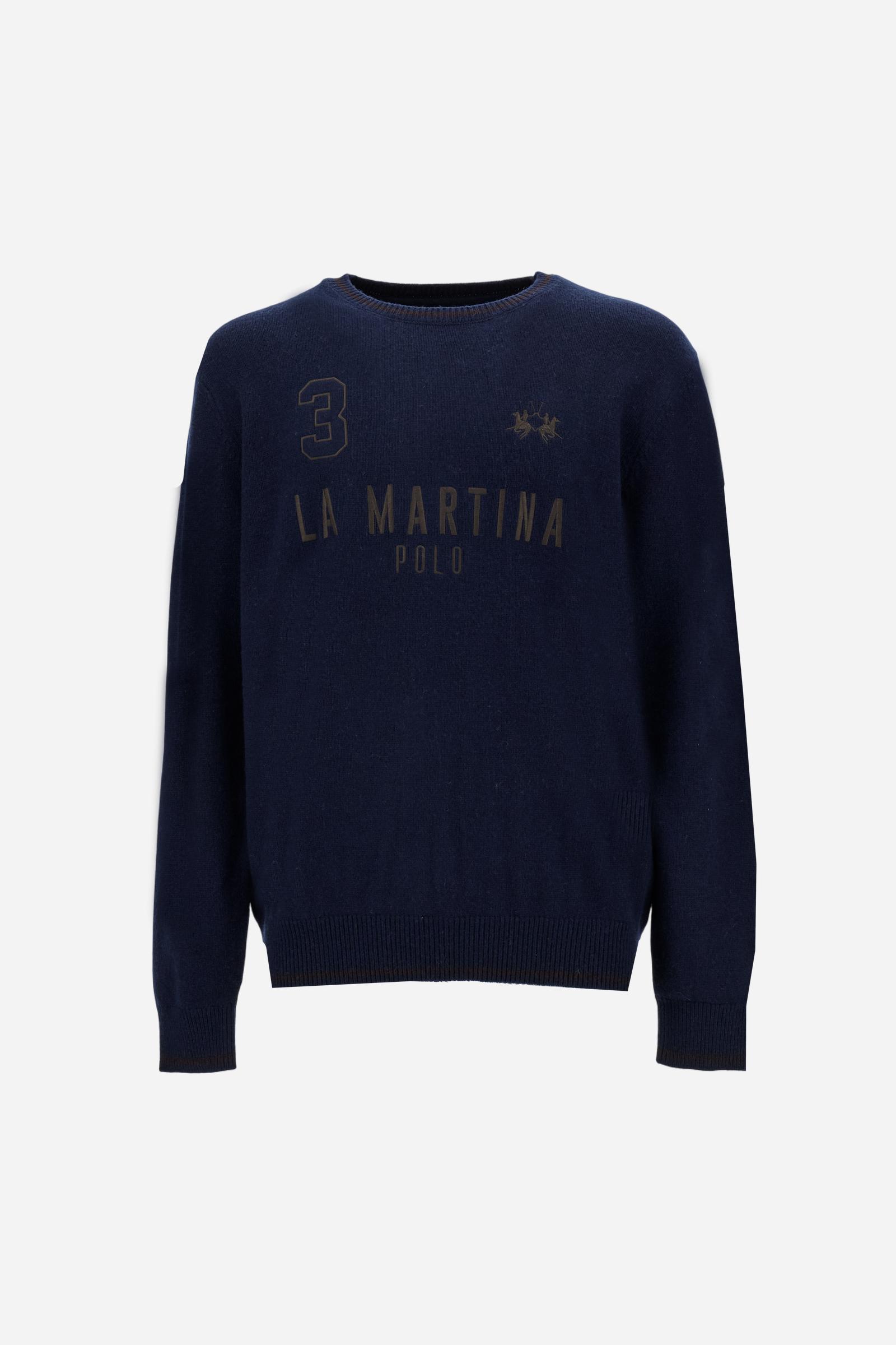 Men’s crew-neck sweater in lambswool blend, comfortable fit with patches and iconic brand lettering. - Navy