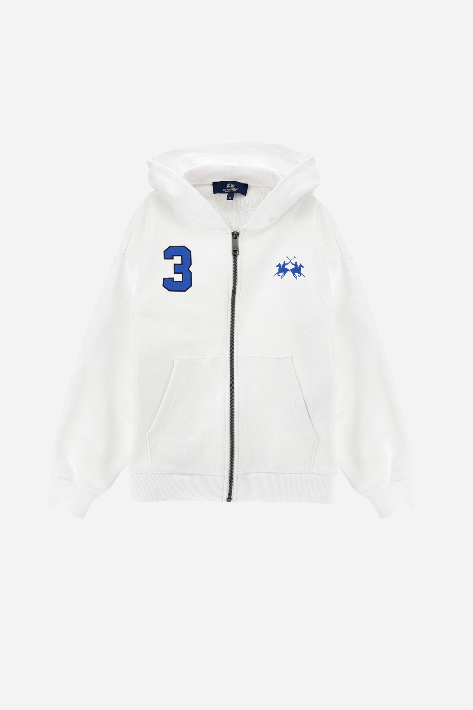 Children's cotton sweatshirt with hood and full-zip fastening. Practical and versatile design with double front pockets and rubberised prints on front and back. - Optic White