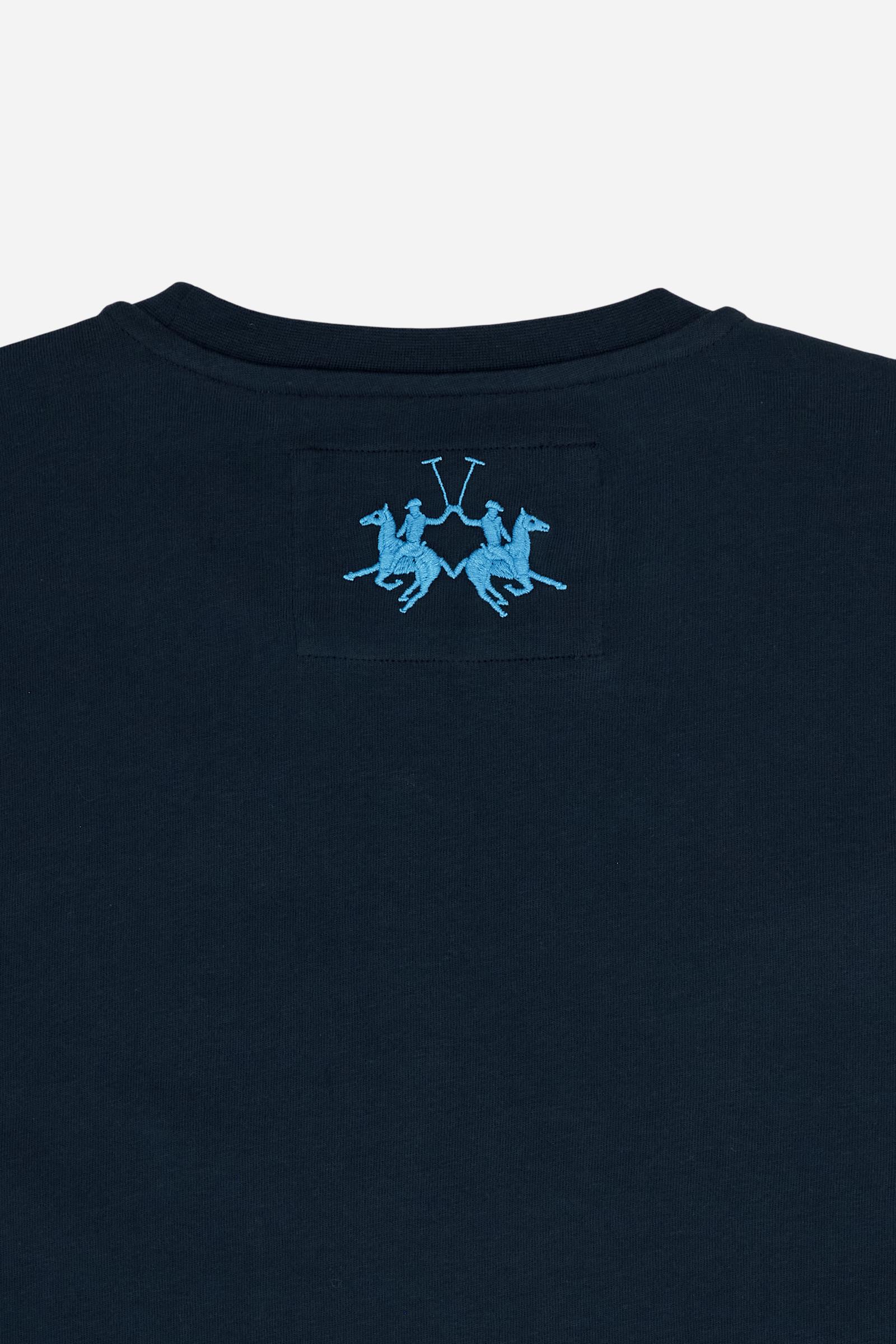 Men’s short-sleeve cotton jersey T-shirt. Crew-neck style with contemporary fit and modern cut, enhanced by a large nautical heraldic print. - Navy