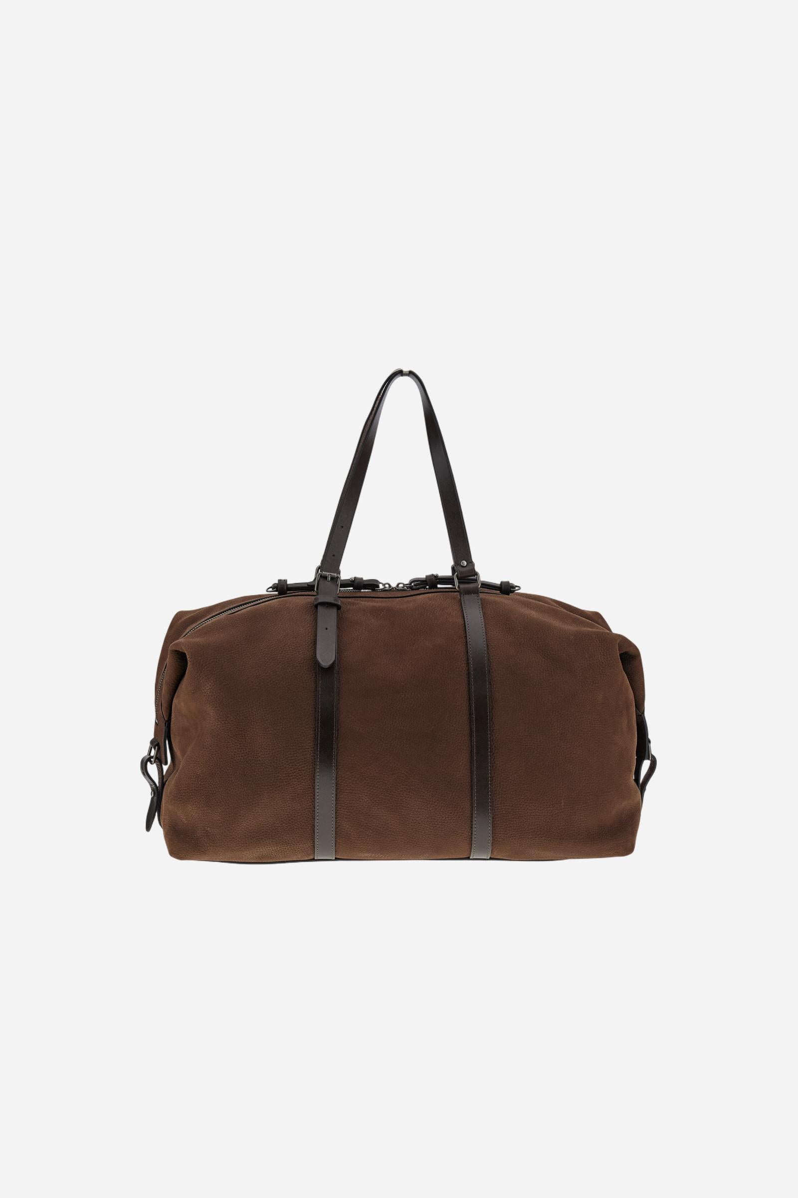 Travel duffle bag in embossed nubuck. Spacious and elegant, with leather straps and double zip closure. - D.BROWN/D.CHOCOLATE