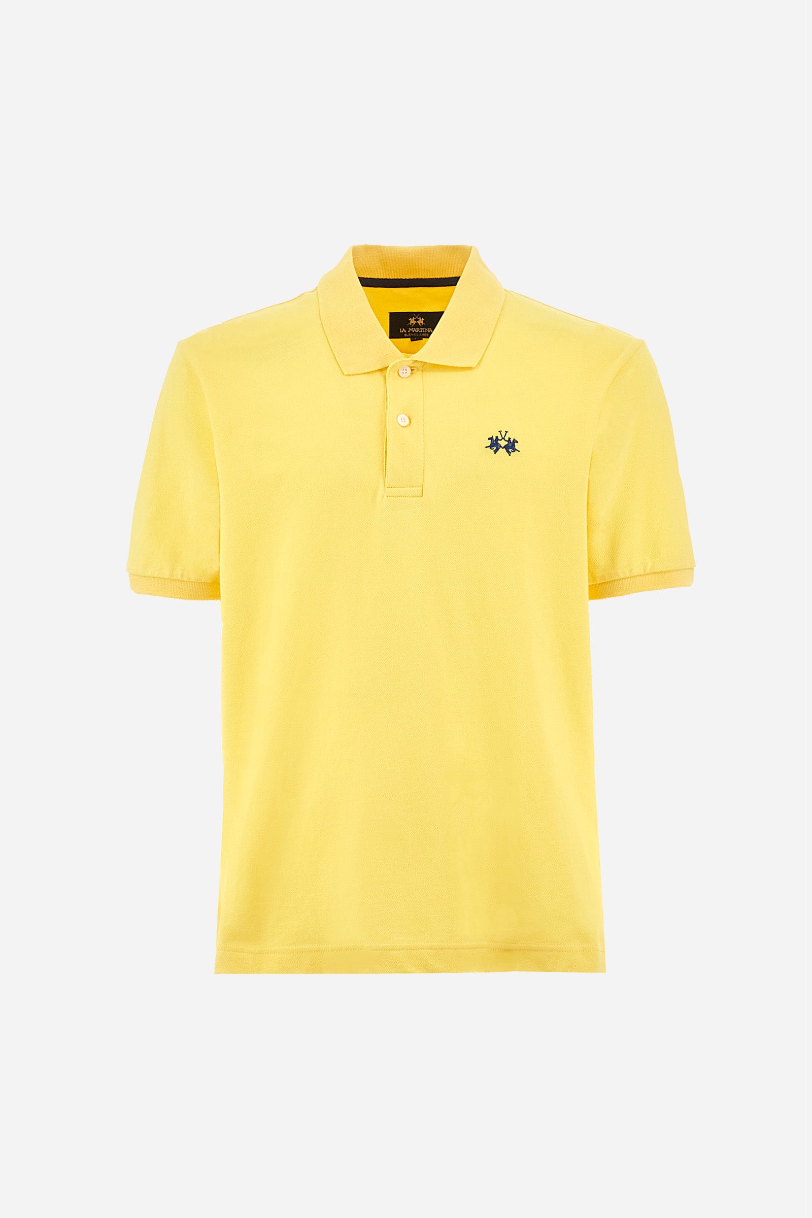 Men's plain-coloured, short-sleeved, regular-fit cotton polo shirt. Contrasting La Martina logo sewn onto the chest. This versatile garment goes perfectly with a pair of jeans from the collection. - Aspen Gold