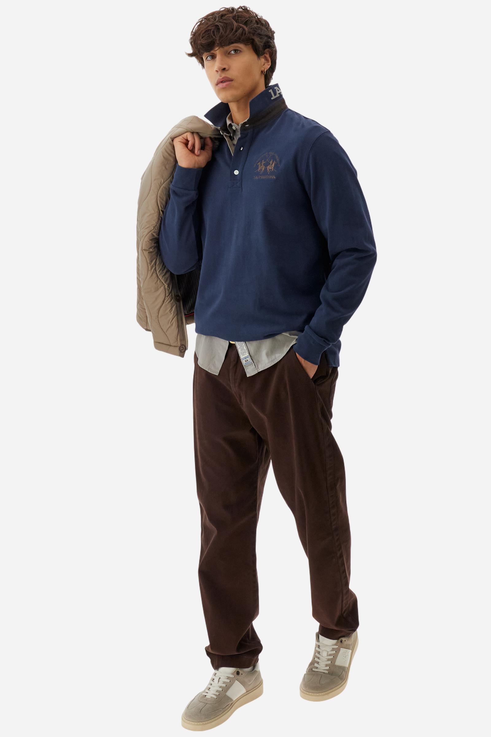 Men’s long-sleeve polo in soft-touch cotton jersey. Regular fit, gabardine collar detail and contrast embroidered team logo on the chest. - Navy