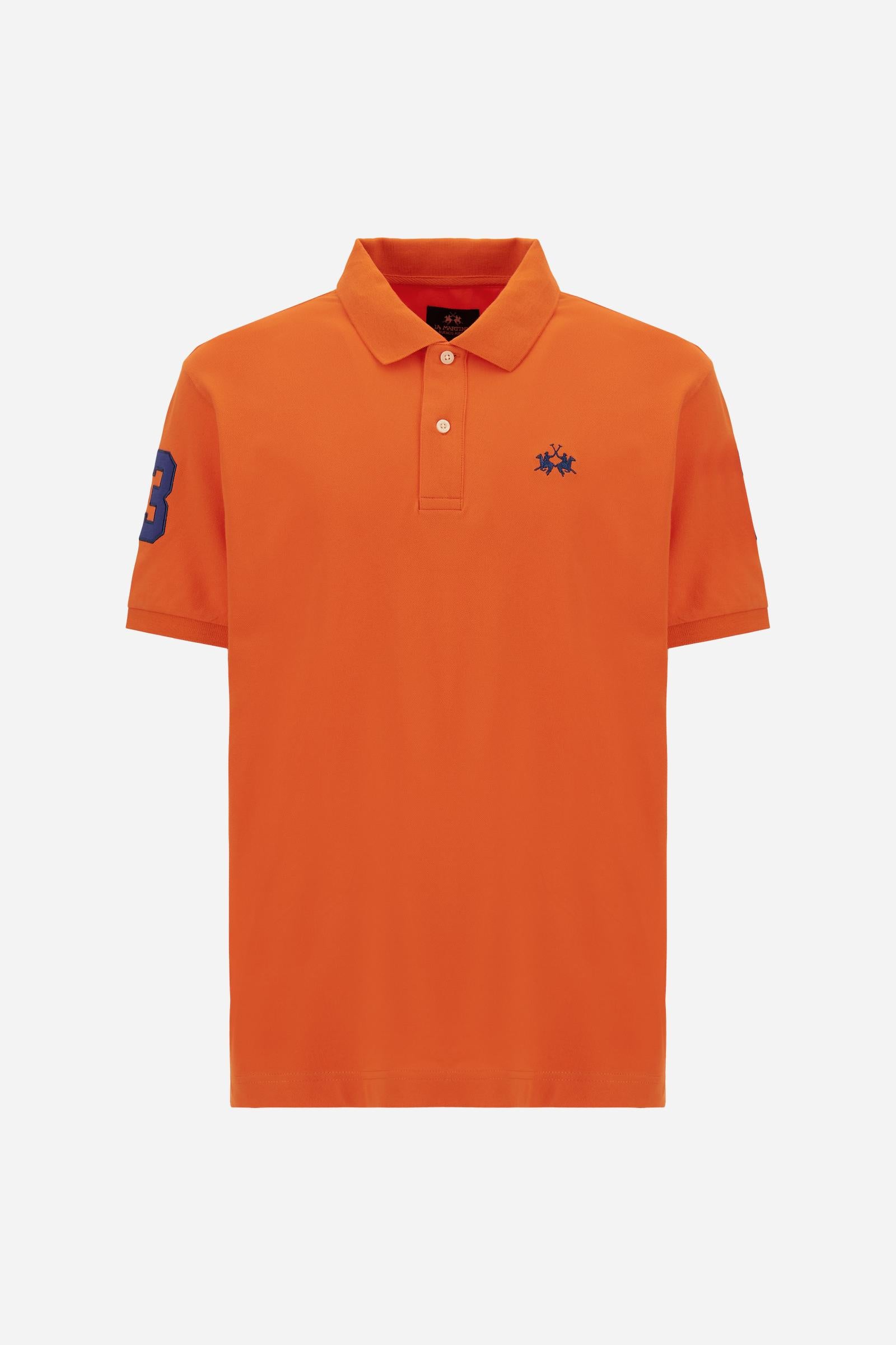 Men’s short-sleeve stretch piqué polo. Two-button placket and ribbed details, with a regular fit. Iconic style characterised by applied logo and patches. - Flame