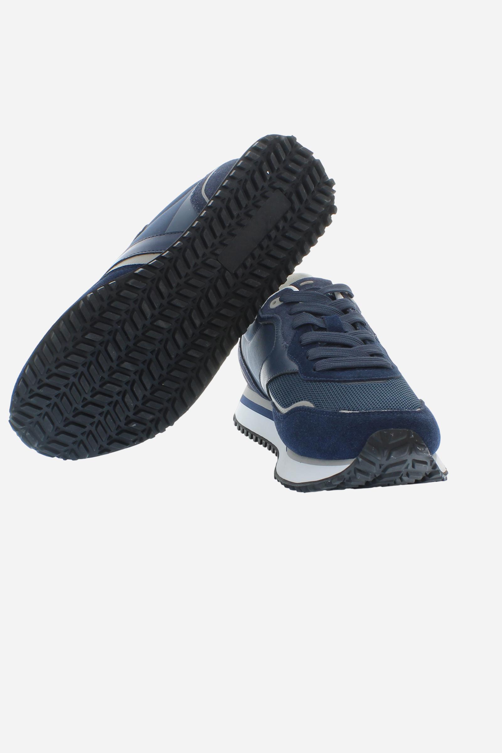 Men’s leather and fabric sneakers with two-tone anti-slip sole. Lightweight design with printed logos. - Blue/Blue