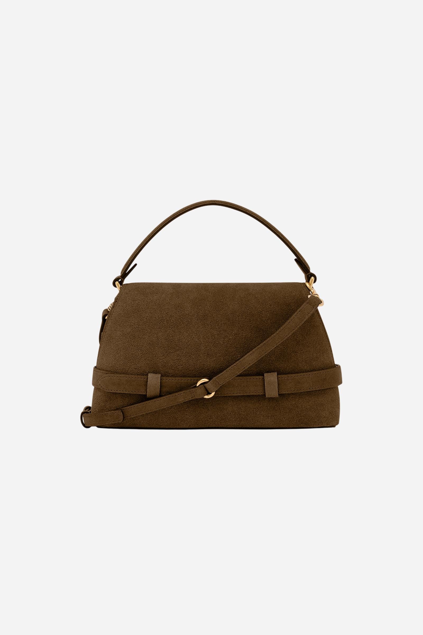 Soft suede tote bag with trapeze shape and flap closure for a sophisticated look. Features a rigid handle and removable shoulder strap. - DARK BROWN
