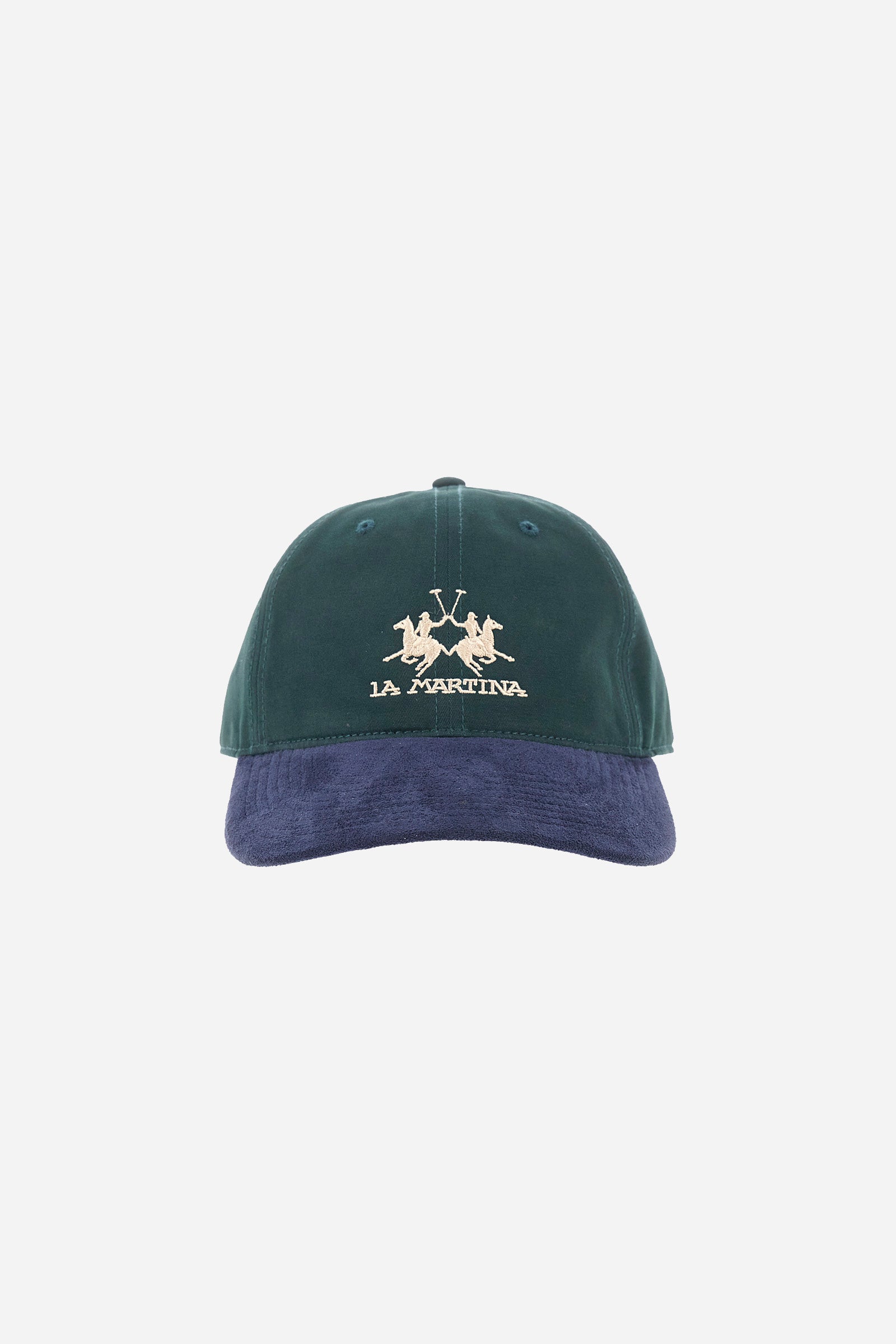 Unisex two-tone baseball cap, made from 100% cotton. Contrasting visor. The logo is embroidered on the front. Adjustable fastening. - PineGroove/Navy Blaz