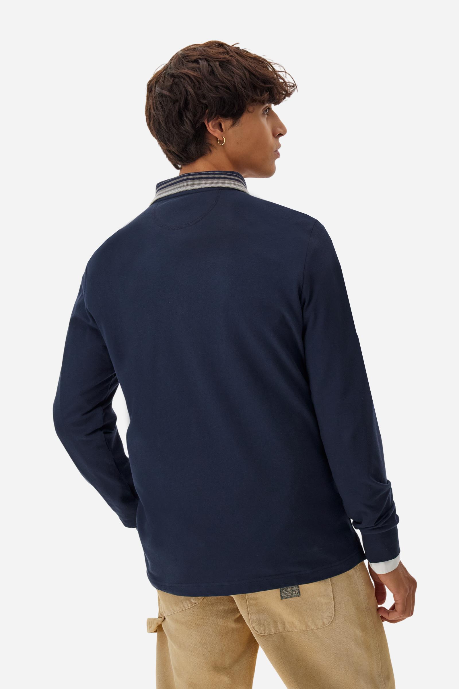 Men’s long-sleeve polo in warm cotton jersey, regular fit with ribbed striped collar, institutional model from the Guards capsule. - Navy
