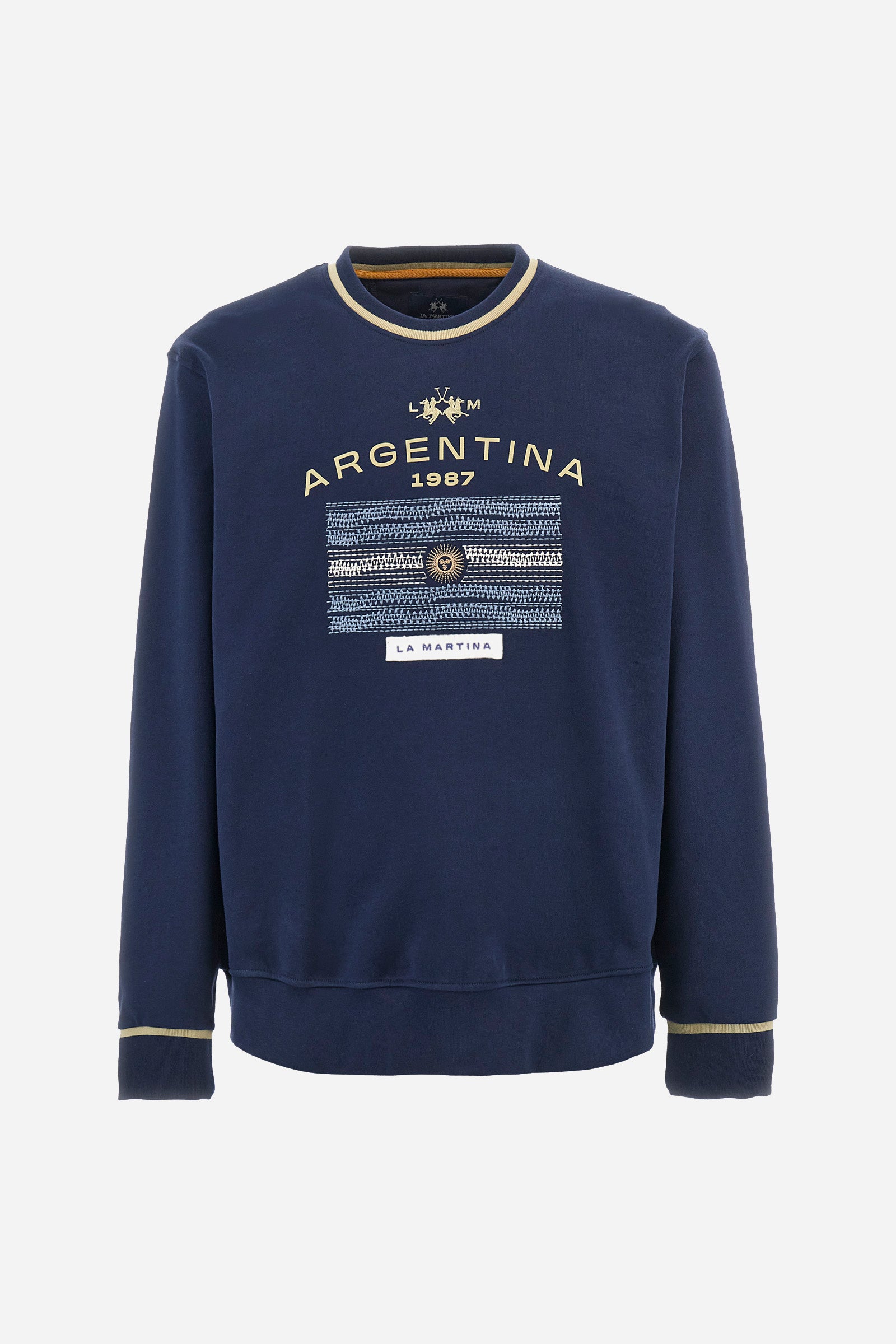 Men's crew-neck sweatshirt with long sleeves, single colour. Made in French terry cotton. The collar and cuffs are ribbed with a contrasting trim, while the waistband is also ribbed but in a matching colour. The large embroidery on the chest combines classic techniques, with workmanship that recalls a handmade spirit, together with the logo and initials of the brand. Regular fit. The model is wearing a size L. - Navy