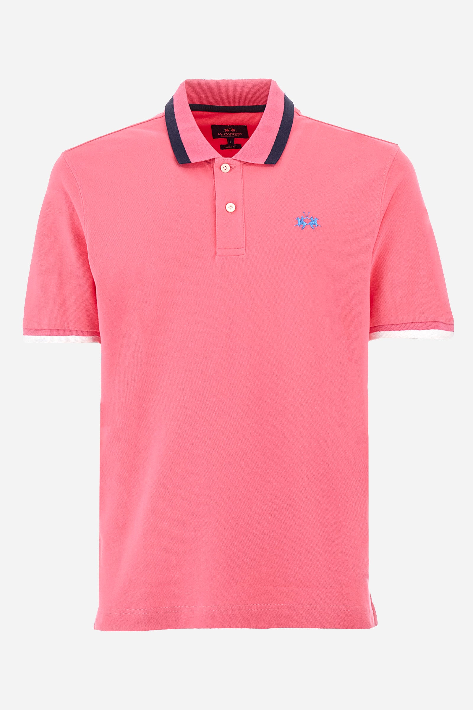 Men's single-colour short-sleeved polo in elasticated cotton. Two-button fastening. Ribbed collar and armholes with a stripe in different shades. The "La Martina" lettering can be found under the collar. Featuring a small logo embroidered on the chest. In a slim fit. The model wears a size L. - Hot Pink