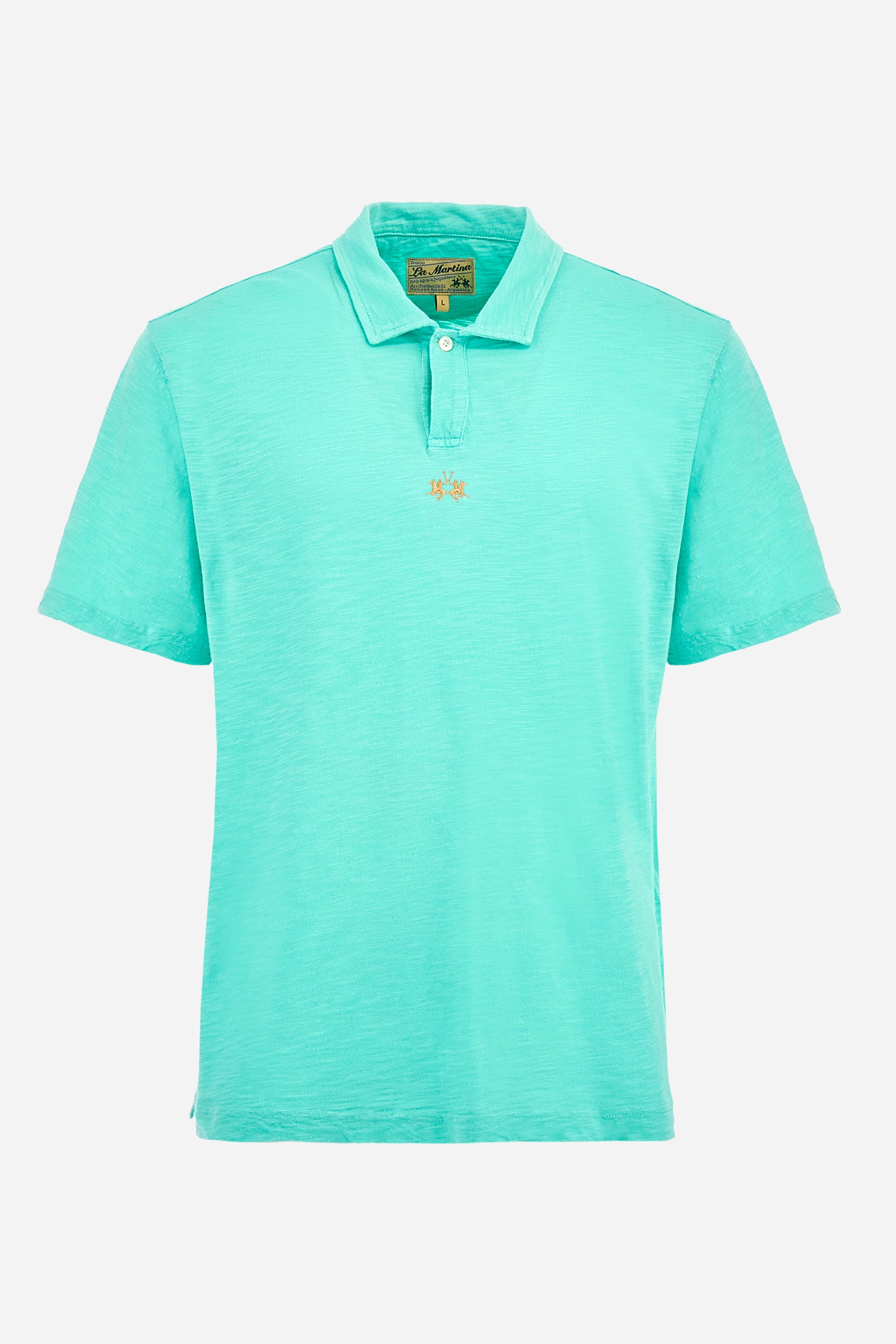 Iconic Polo 19-42 from La Martina. Single-coloured short-sleeved men's polo shirt made from 100% slub jersey. Featuring a regular fit, it has a collar and a double button fastening. The institutional logo is embroidered on the front. A patch representing the line is sewn on the back. Each polo comes in an exclusive envelope with a logo and is accompanied by a guarantee certificate. The fit is regular. The model wears a size L. - Florida Keys