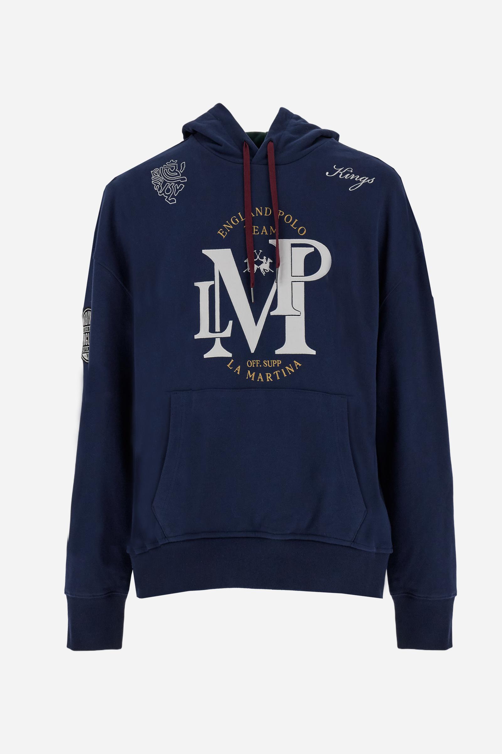 Men's long-sleeved hoodie in solid cotton French terry. Features a large kangaroo pocket, hem and cuffs in tone-on-tone rib. Adjustable hood with contrast lining. Chest and sleeves decorated with modern LM monogram graphics inspired by British polo. Contrasting embroidered logo on the chest. Regular fit for a relaxed and comfortable silhouette. Model wears size L. - Navy