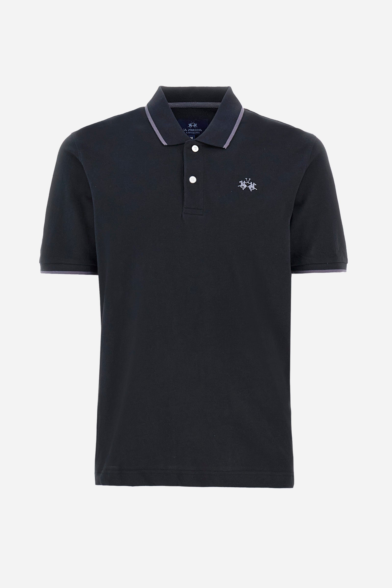 Men’s polo with short sleeves in stretch pique cotton. A classic La Martina, with a simple and linear style. The regular fit fits easily to any type of silhouette. A small La Martina logo is embroidered on the chest, in contrasting shades like the sleeve edge. The model is 187 cm tall and wears a size L. - Black