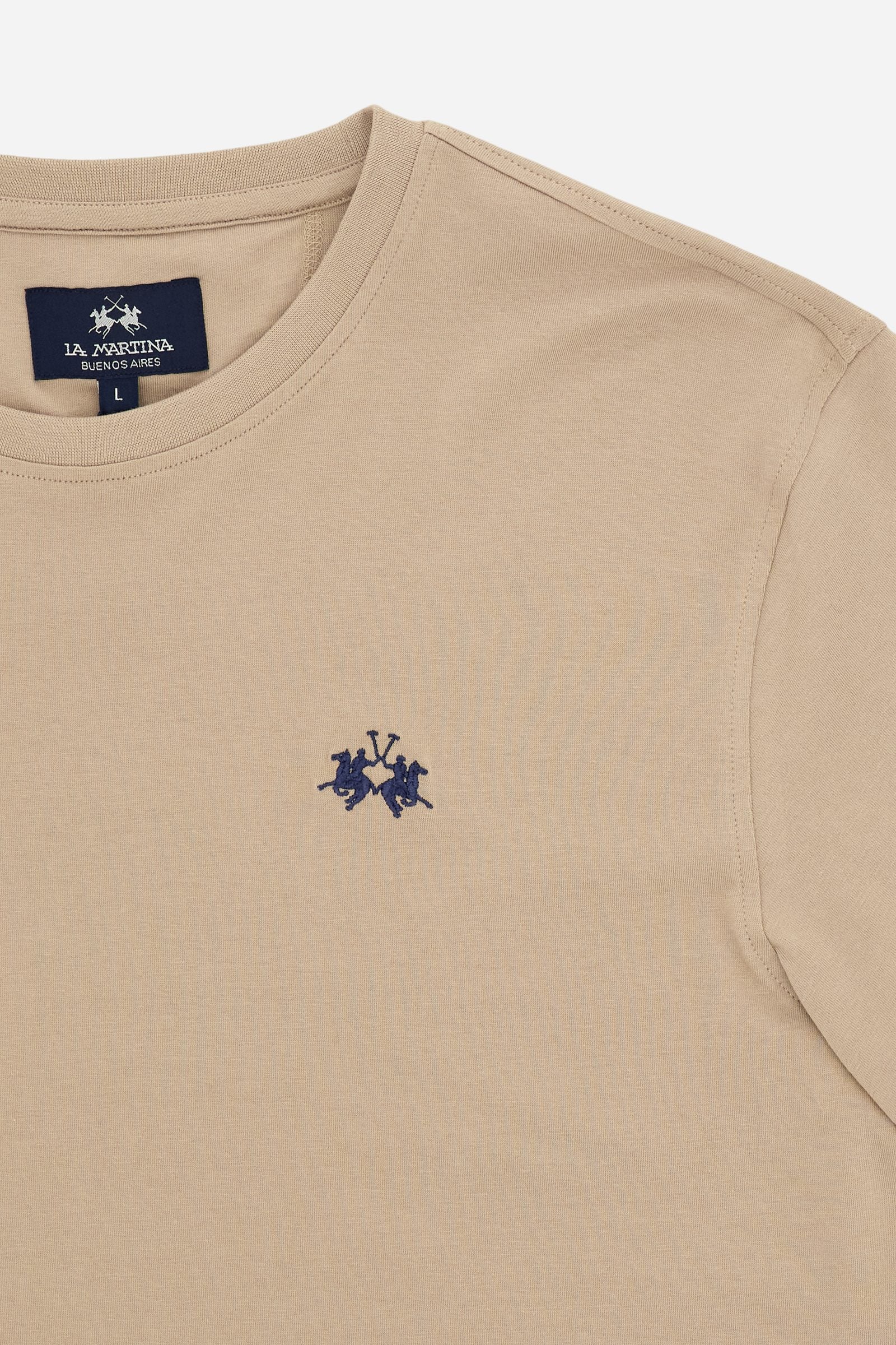 Men’s cotton jersey T-shirt with regular fit and ribbed crew neck. Small contrast embroidered logo. - Humus