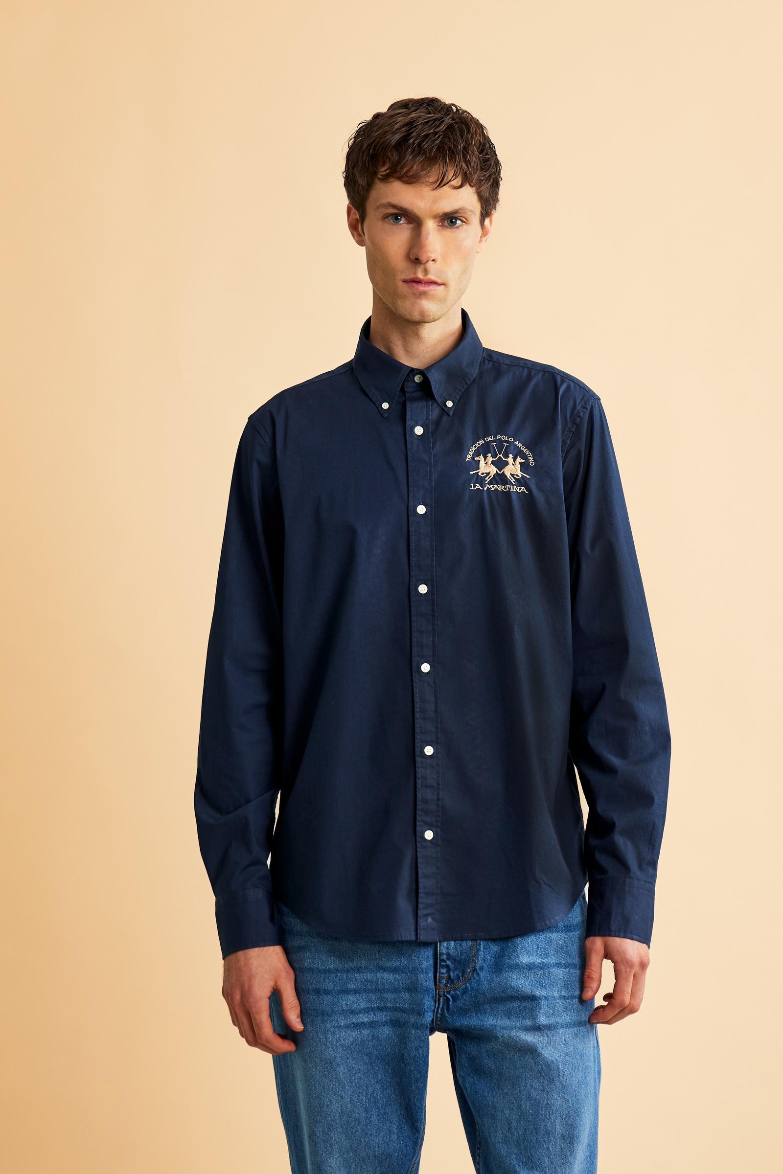 Men's long-sleeved shirt in cotton poplin with a regular-fit and button-down collar - Navy