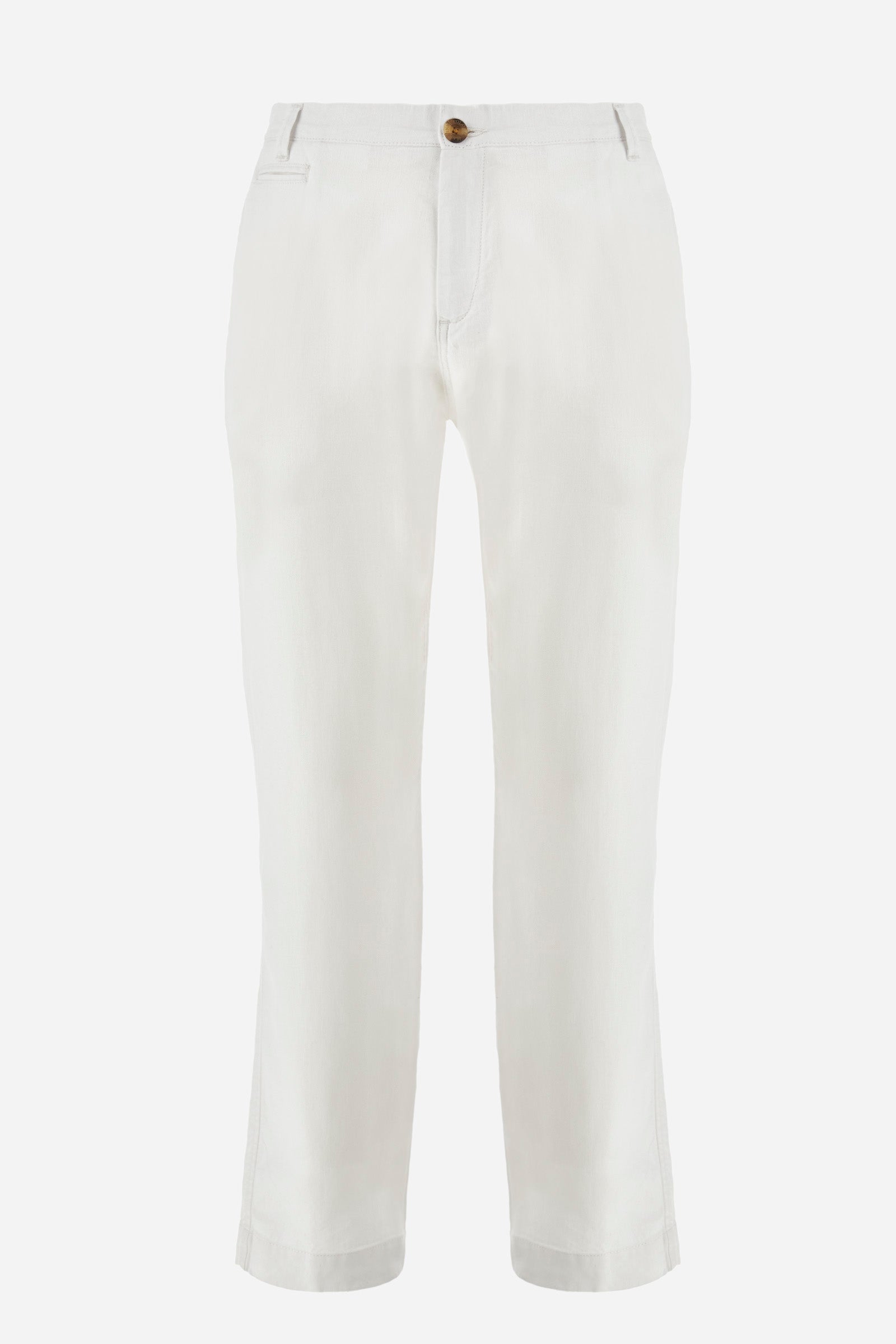 Men's single-colour chinos in cotton and linen. With belt loops, zip and button fastening. There are two open welt front pockets and two back pockets with a classic button fastening. There is a logo with a patch sewn onto the reverse. The fit is regular. The model wears a size 33. - Off White