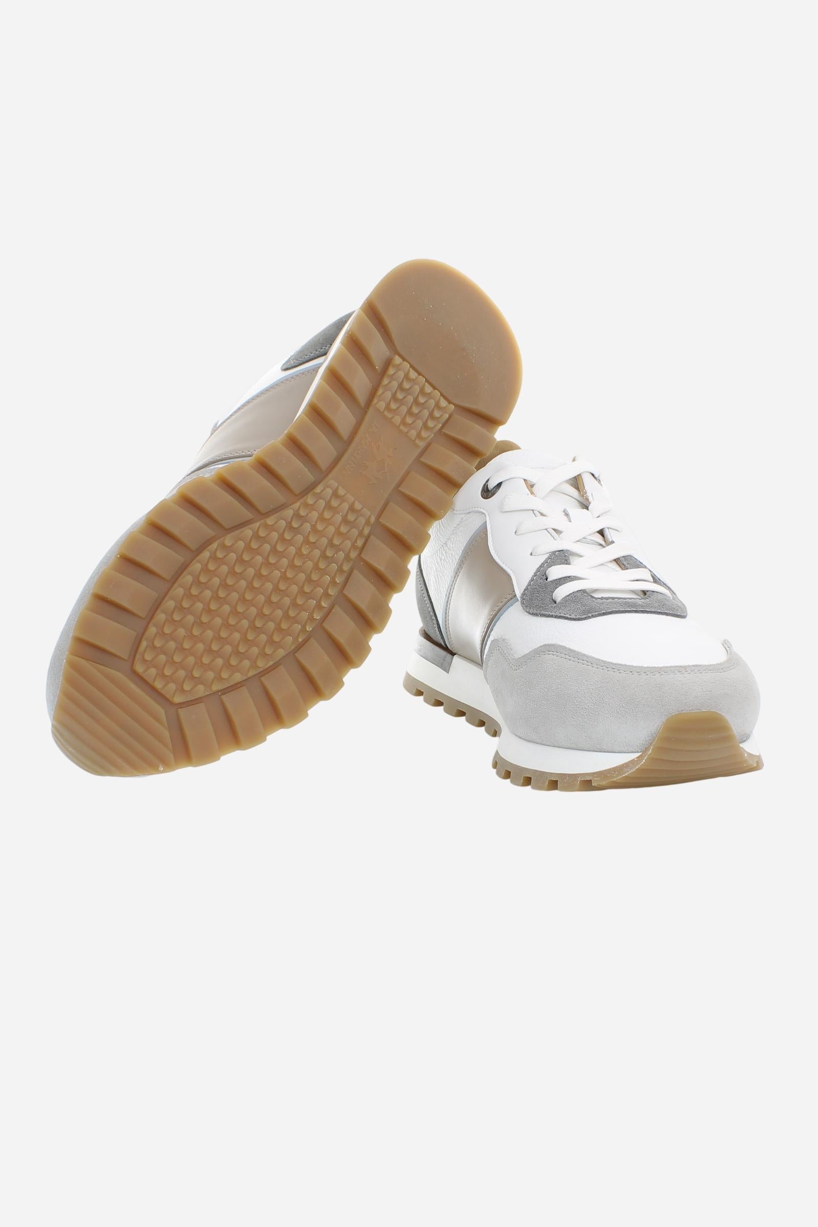 Handcrafted sneakers in calfskin and suede, hand-aged. Iconic hot-branded details and a technical sole with leather heel for a stable and comfortable fit. - Grey/White