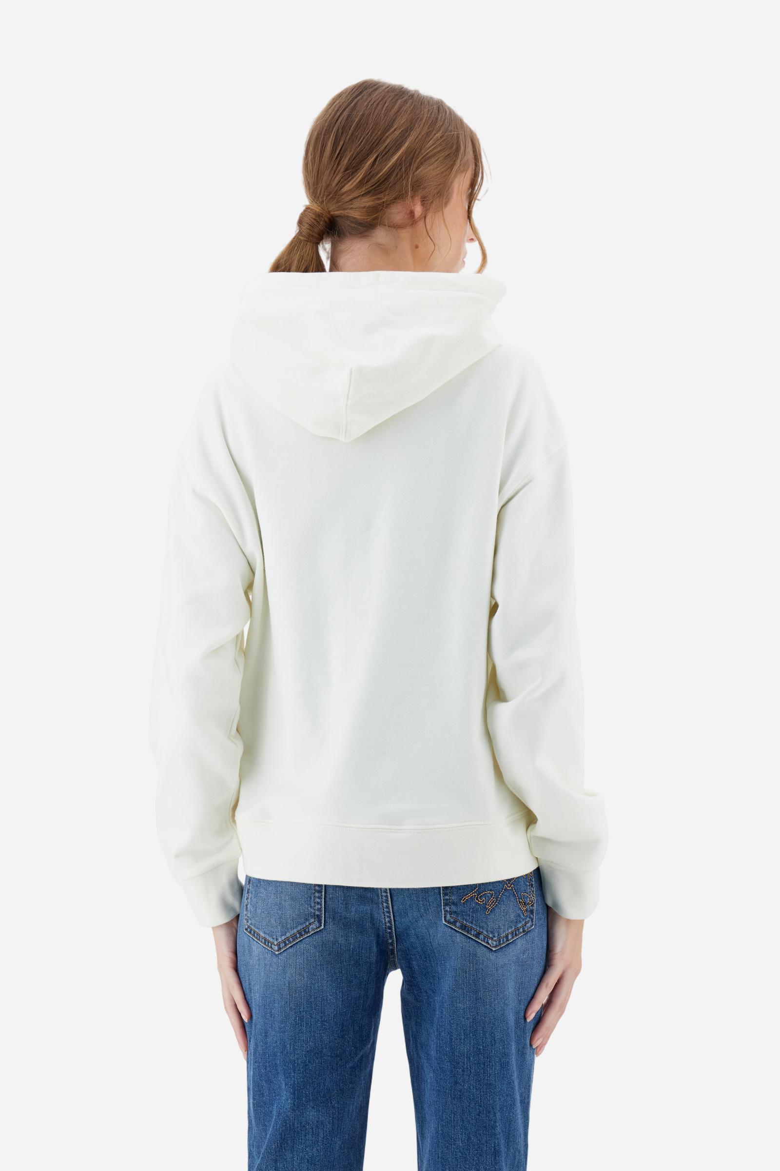 Women’s hoodie with long sleeves in 100% cotton french terry, solid colour with a velvety and warm touch. The hood is lined in tone-on-tone jersey and finished with a velvet drawstring. The chest graphic recalls the refined aesthetics of the Royal Polo theme, while the small brand logo is tone-on-tone embroidered on the sleeve. The model wears size L. - Off White