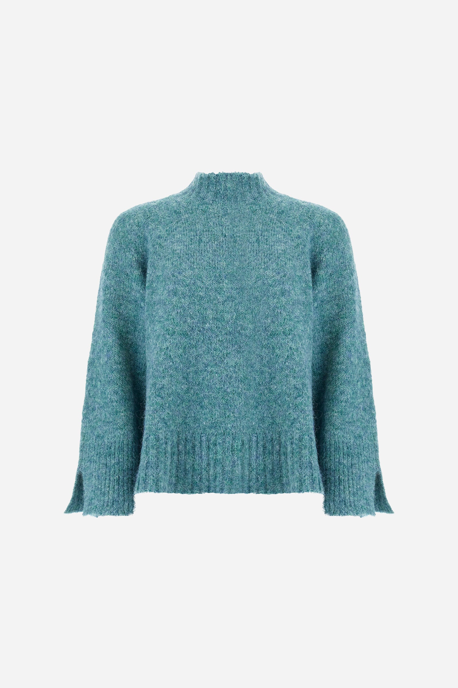 Women’s turtleneck sweater with long sleeves in solid-colour wool and mohair blend, soft and warm. Ribbed turtleneck for elegance and warmth, side slits and sleeve slits for a modern look. Logo on small golden metal plate applied to the front hem. Regular, soft fit for a versatile and comfortable silhouette. The model wears size 2. - North Sea