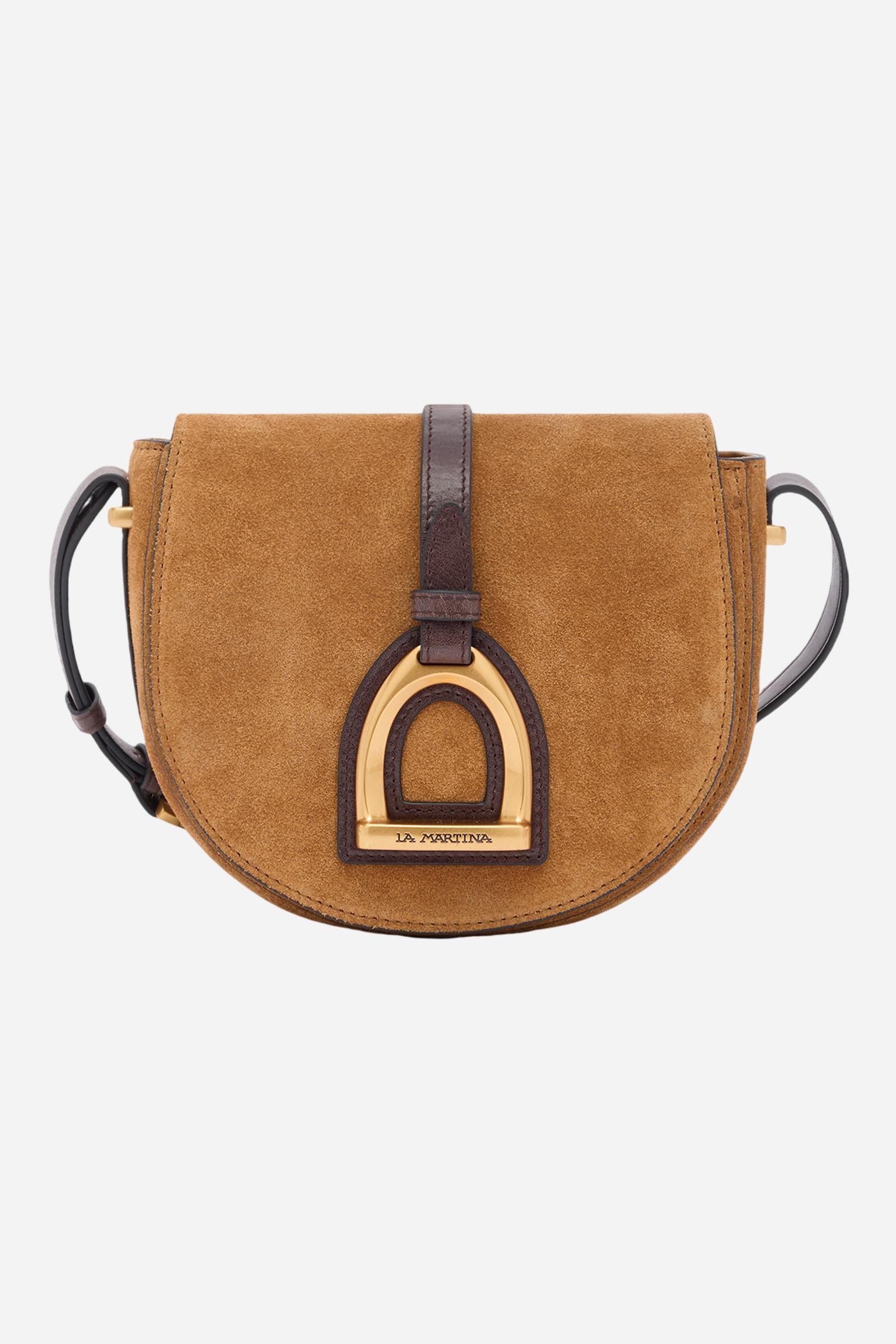 Crossbody bag in suede with curved design. With front flap, large golden buckle and contrasting leather details. - HONEY/DARK CHOCOLATE