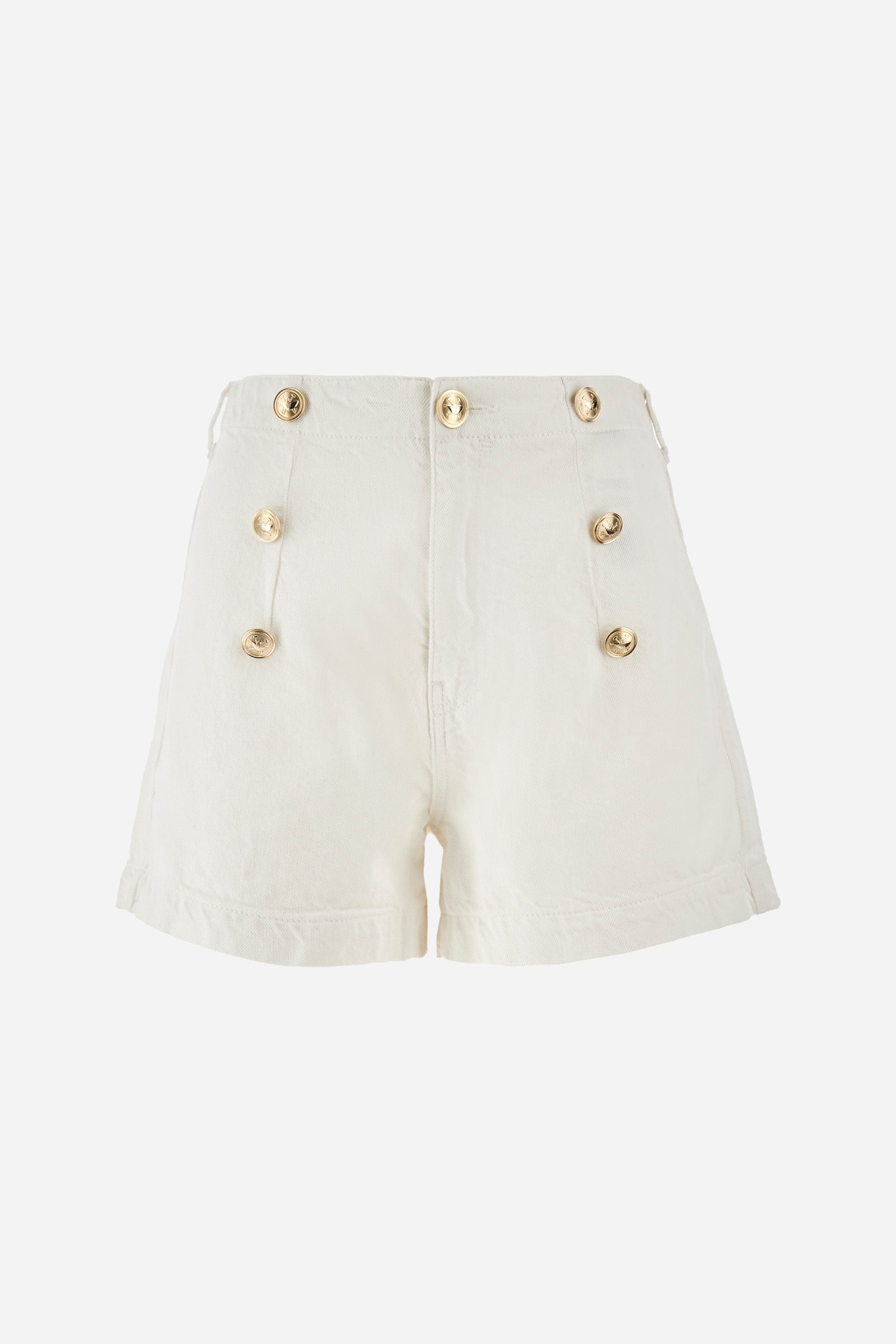 Women's single-coloured Bermuda shorts made of 100% cotton. With belt loops, zip and button fastening. Two rows of decorative buttons on the front. Two open back pockets. The logo can be found on a metal plate sewn onto a pocket. The fit is regular. The model wears a size 27. - Optic White