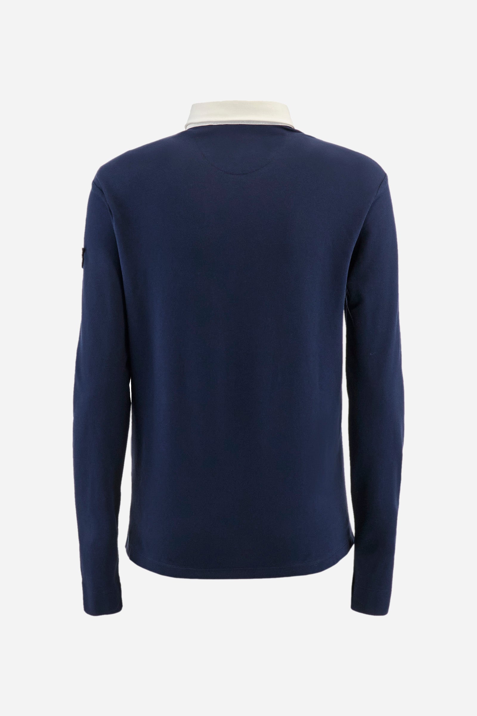 Women's long-sleeved polo shirt, made from plain stretch cotton. Shirt-style collar. Button fastening. The front is embellished with decorative prints and lettering. A crown is embroidered on one of the sleeves, in addition to an appliquéd patch depicting a dragonfly. The logo is embroidered on the other sleeve. Regular fit. The model is wearing a size 2. - Navy