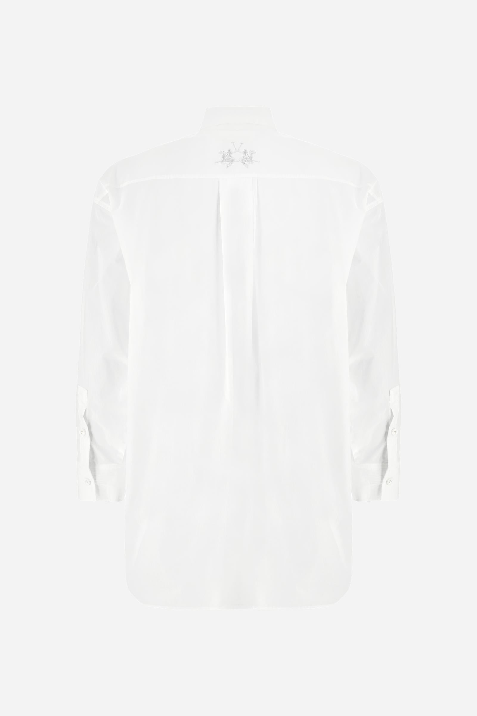 Women’s long-sleeve cotton poplin shirt with an oversized cut. Reinterprets a classic menswear style in a feminine key with maxi embroidered logo. - Optic White