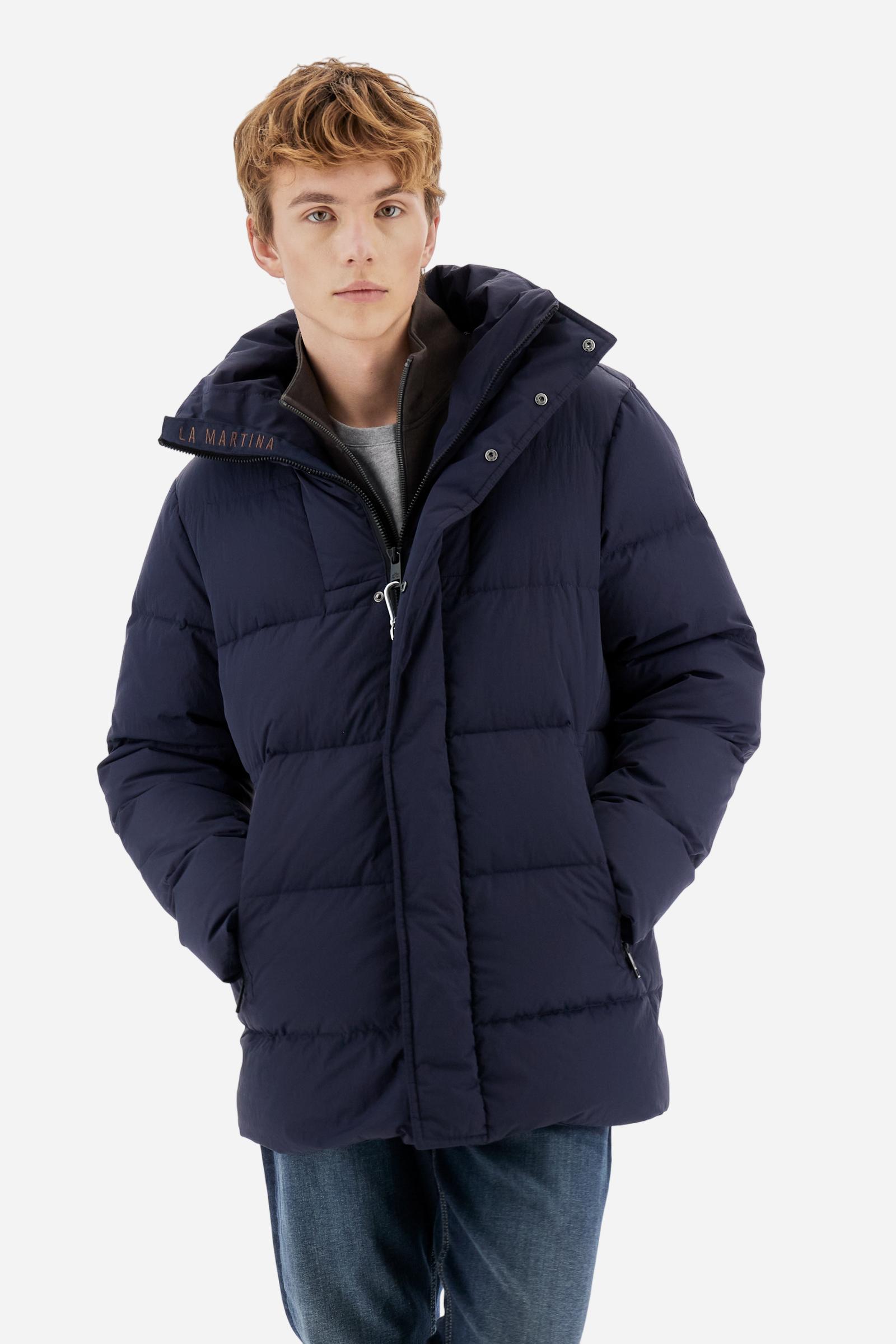 Lange Herren-Daunenjacke mit Kapuze aus zerknittertem Nylon - Main Image