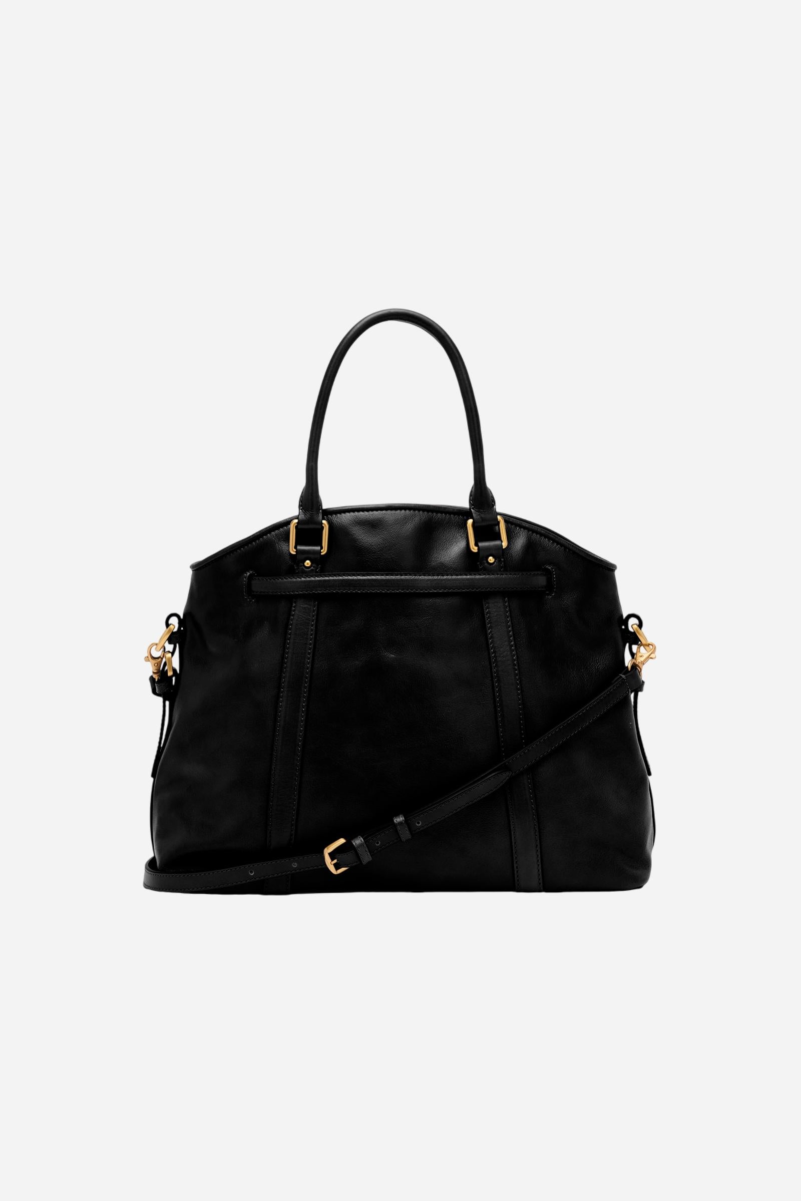 Vintage-finish calfskin tote bag with semi-rigid structure, handles, strap, and gold-tone metal details for timeless elegance. - Black