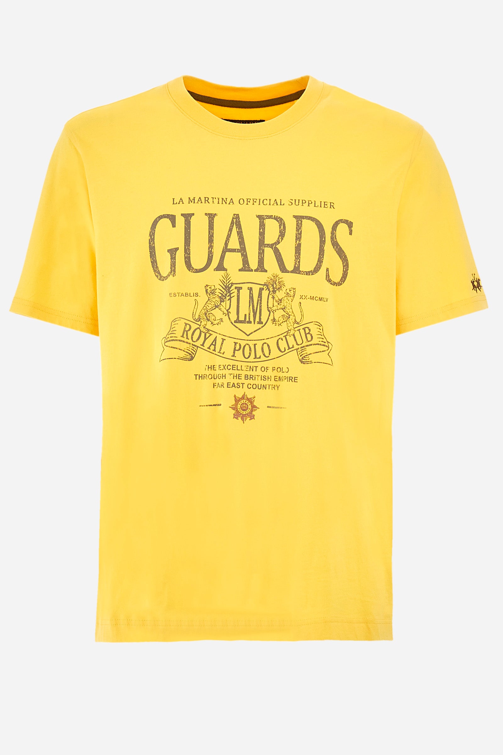 Men’s short-sleeved t-shirt, crew neck, solid color. Made of 100% cotton jersey. Small and large prints and symbols in contrasting tones identify the Guards capsule collection. Regular fit. The model wears a size L. - Aspen Gold